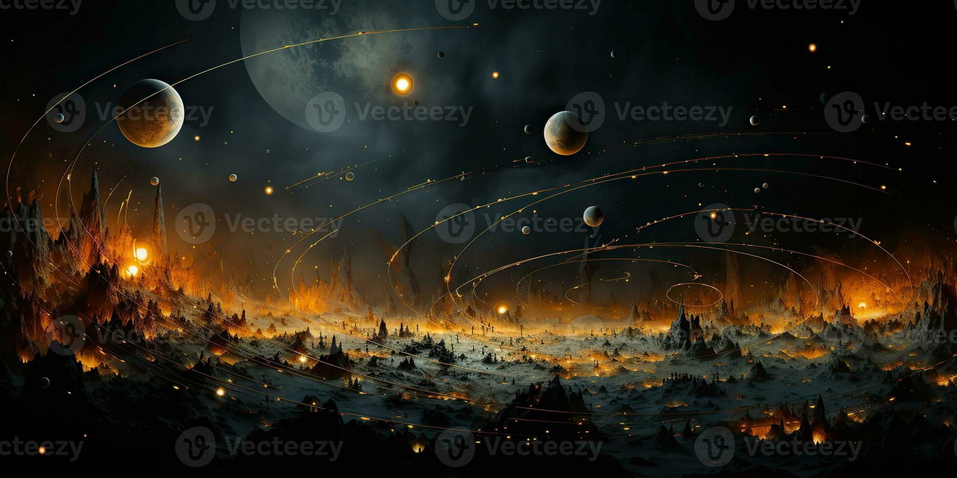 AI Generated. AI Generative. Galaxy space universe solar system background abstract planets landscape surface. Future explore adventure vibes. Graphic Art photo