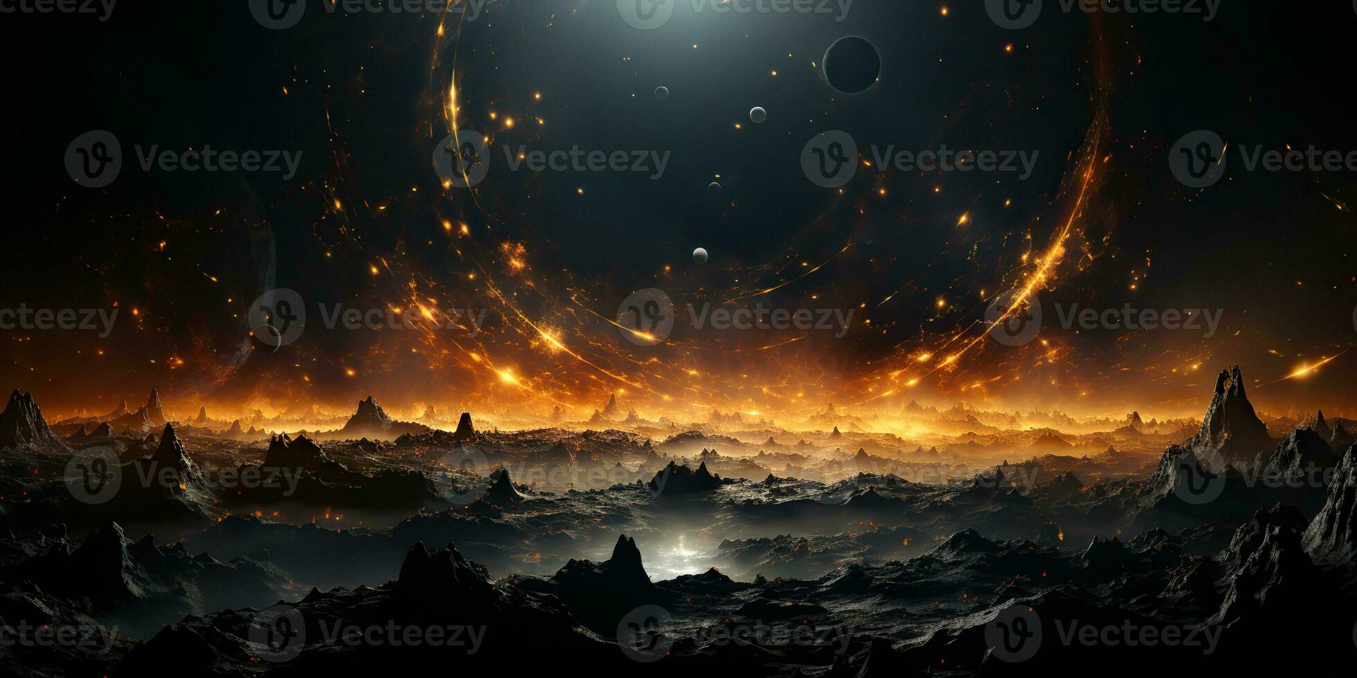 AI Generated. AI Generative. Galaxy space universe solar system background abstract planets landscape surface. Future explore adventure vibes. Graphic Art photo