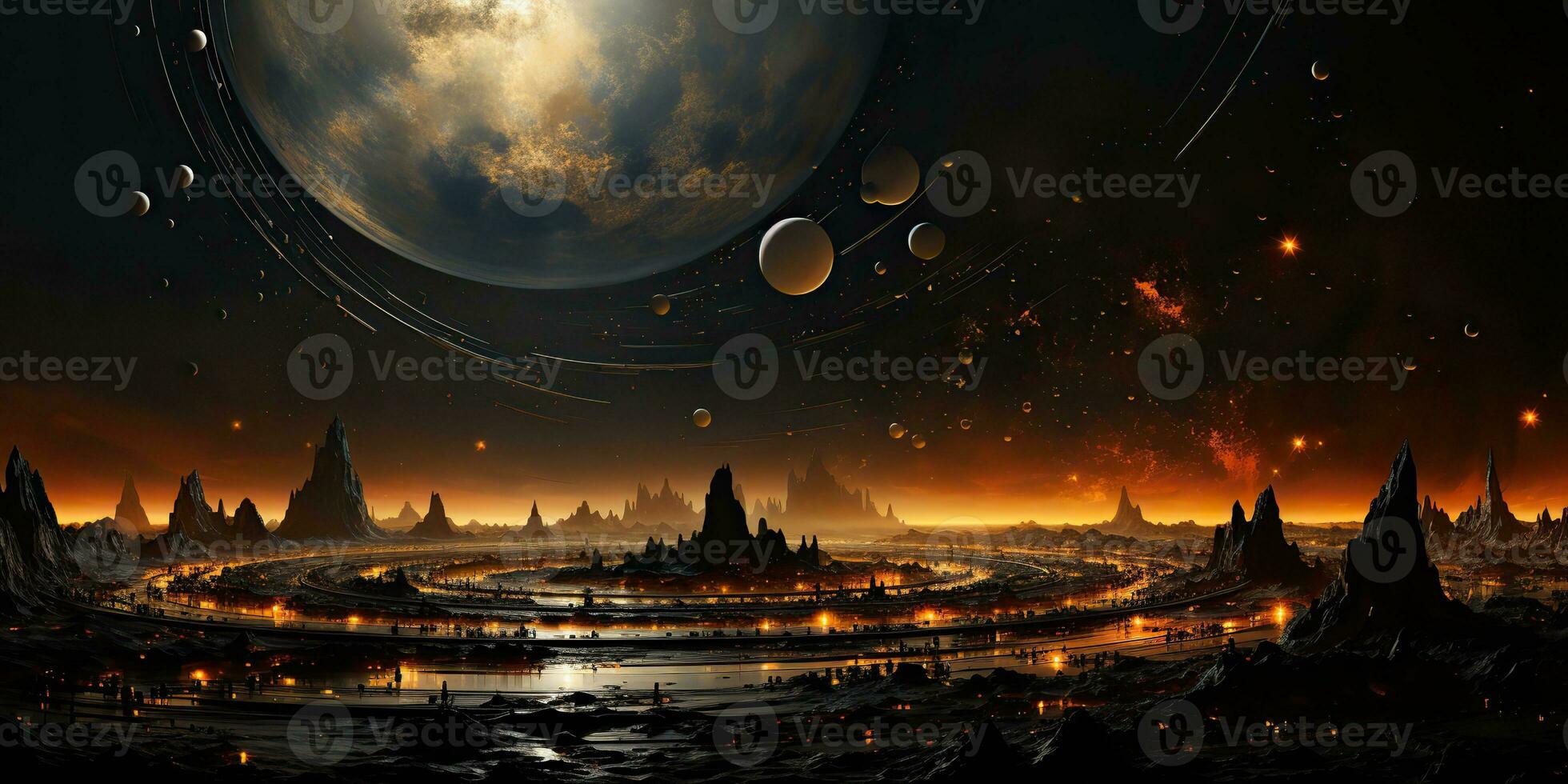 AI Generated. AI Generative. Galaxy space universe solar system background abstract planets landscape surface. Future explore adventure vibes. Graphic Art photo