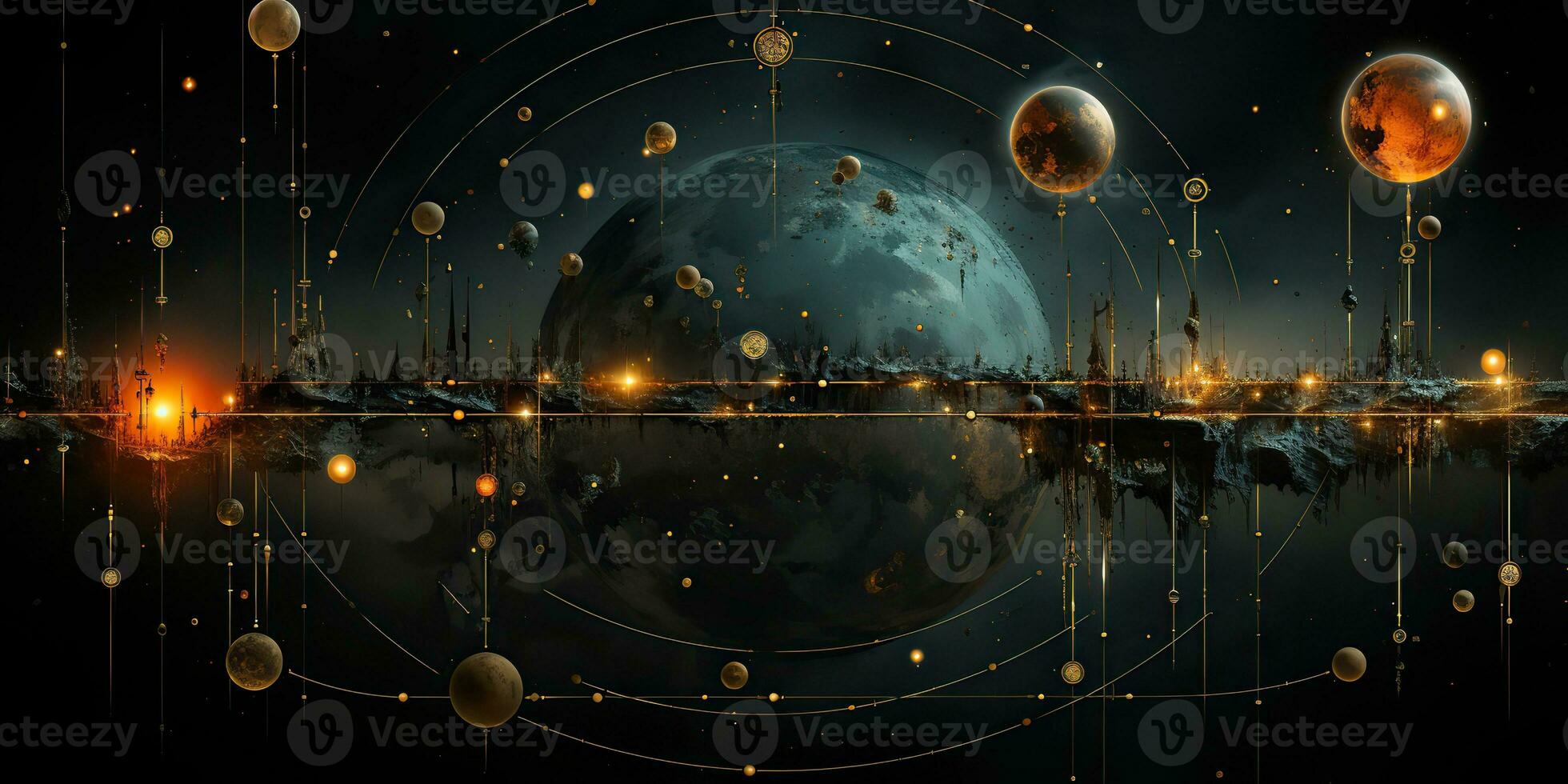 AI Generated. AI Generative. Galaxy space universe solar system background abstract planets landscape surface. Future explore adventure vibes. Graphic Art photo
