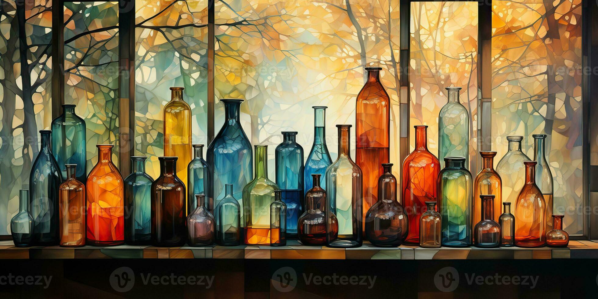 AI Generated. AI Generative. Abstract geometric glass crystal bottles containers. Drawing painting oil water color graphic art decoration background. Graphic Art photo