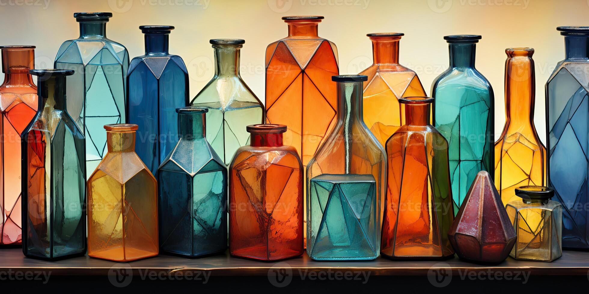 AI Generated. AI Generative. Abstract geometric glass crystal bottles containers. Drawing painting oil water color graphic art decoration background. Graphic Art photo