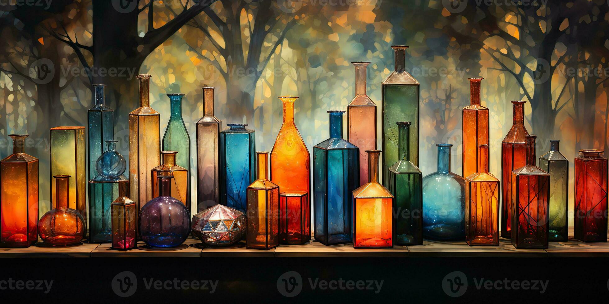 AI Generated. AI Generative. Abstract geometric glass crystal bottles containers. Drawing painting oil water color graphic art decoration background. Graphic Art photo