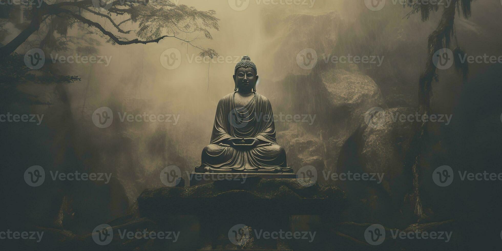 AI Generated. AI Generative. Culture history asian indian religion buddha statue figure in old vintage retro antique illustration background. Calm relax love peace inner vibe. Graphic Illustration photo