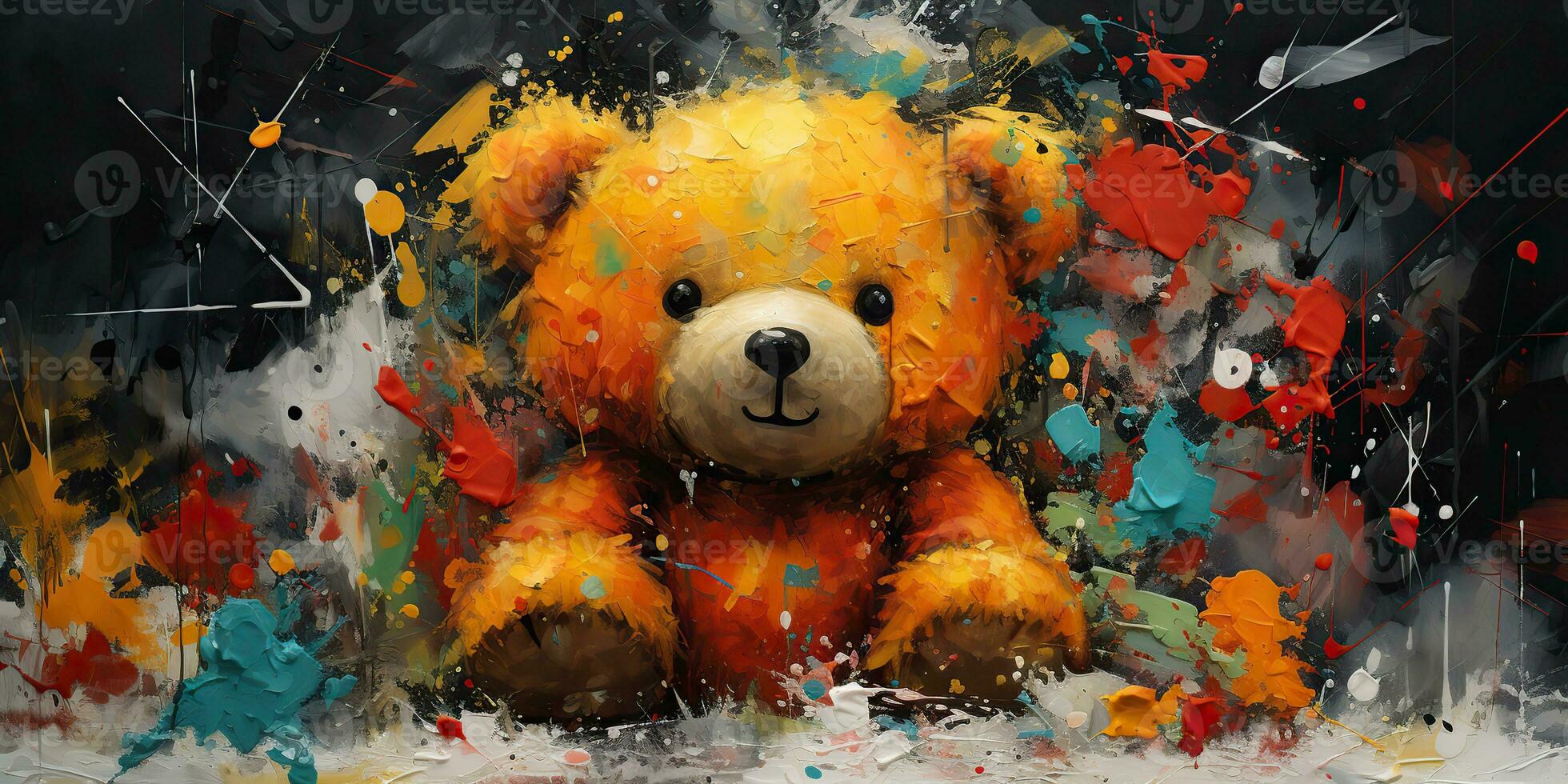 AI Generated. AI Generative. Cute little cartoon bear kid. Drawing painting watercolor oil brush graffiti ink bright colors background. Graphic Art photo