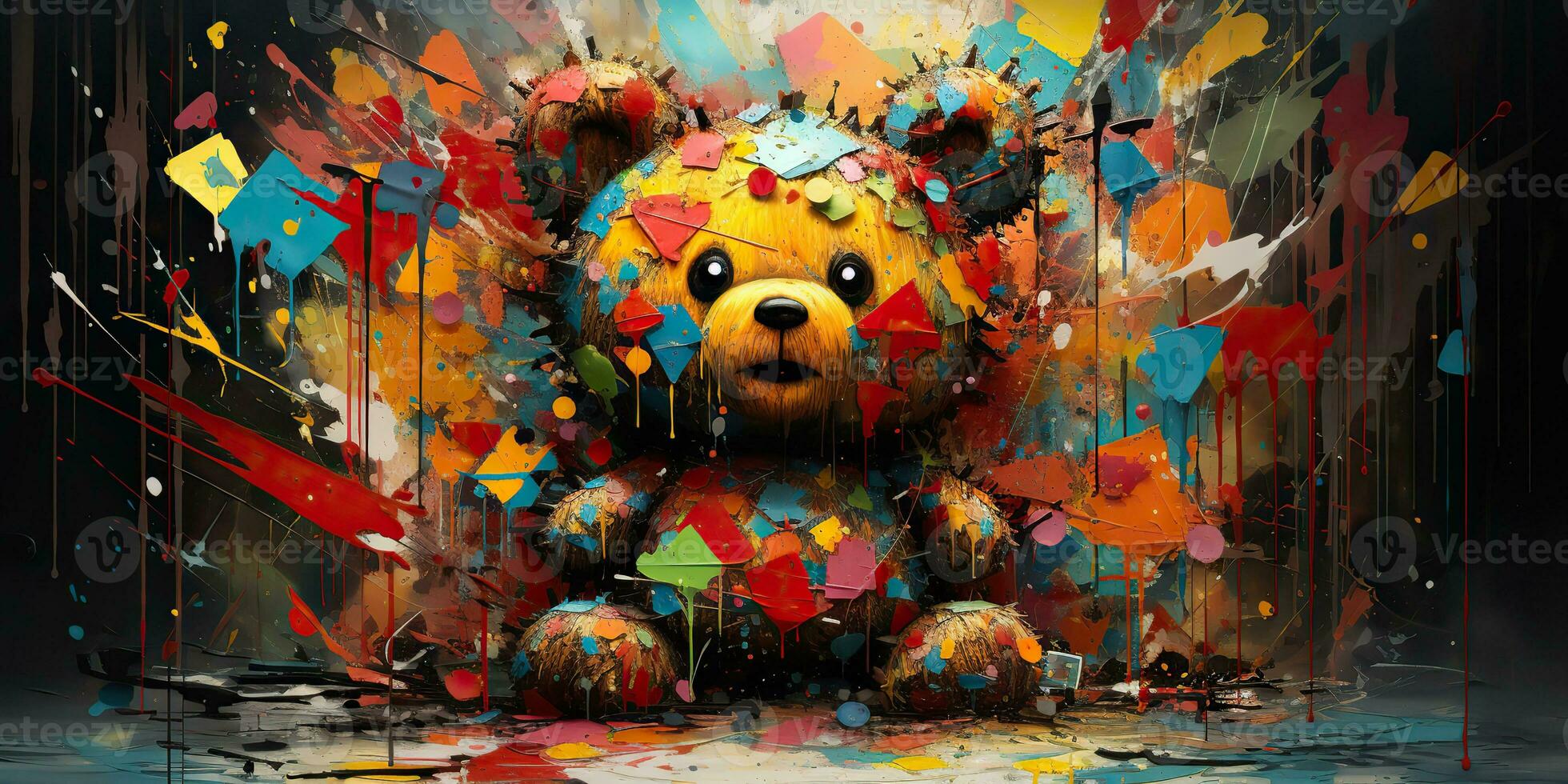 AI Generated. AI Generative. Cute little cartoon bear kid. Drawing painting watercolor oil brush graffiti ink bright colors background. Graphic Art photo