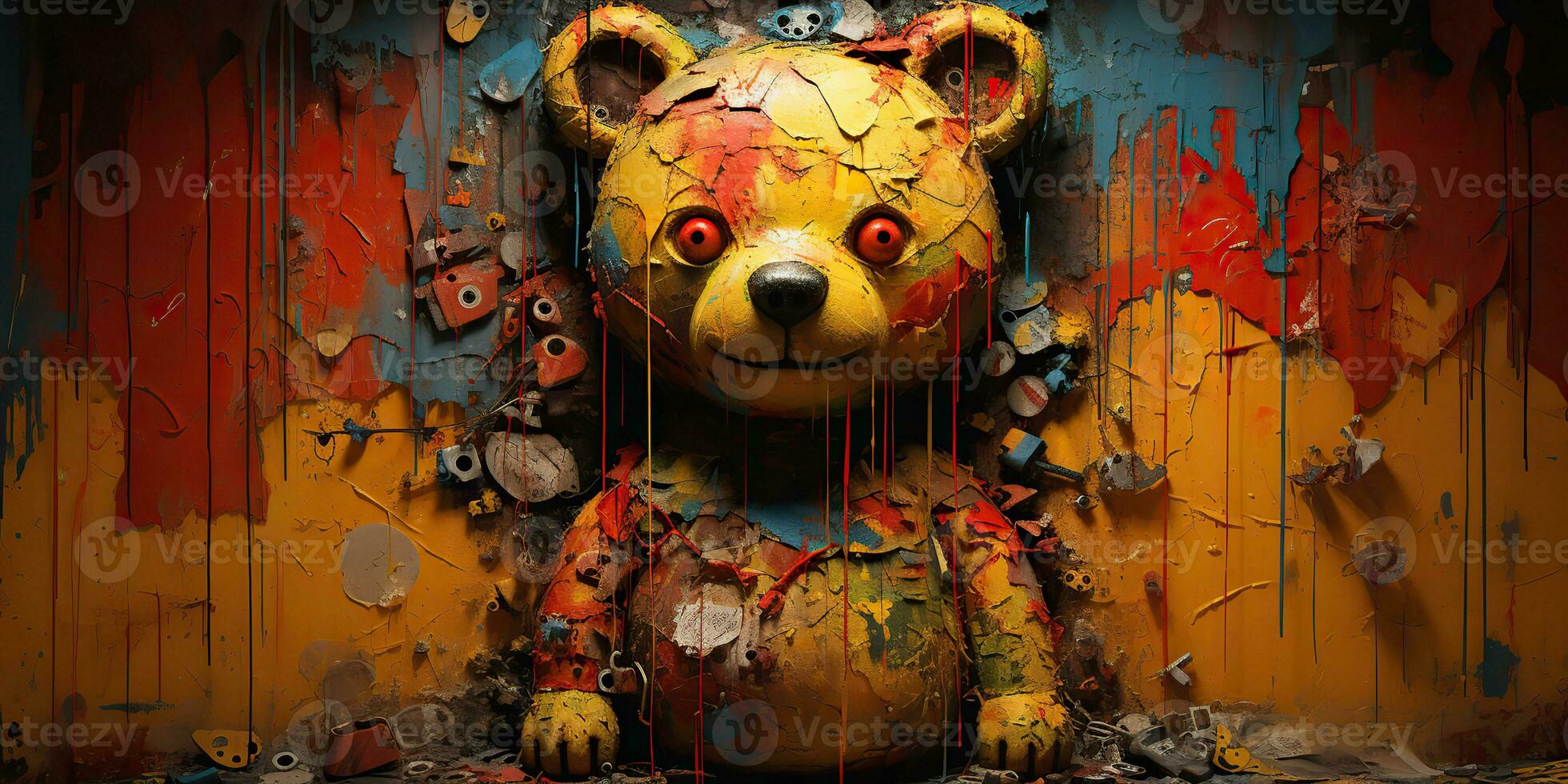 AI Generated. AI Generative. Cute little cartoon bear kid. Drawing painting watercolor oil brush graffiti ink bright colors background. Graphic Art photo