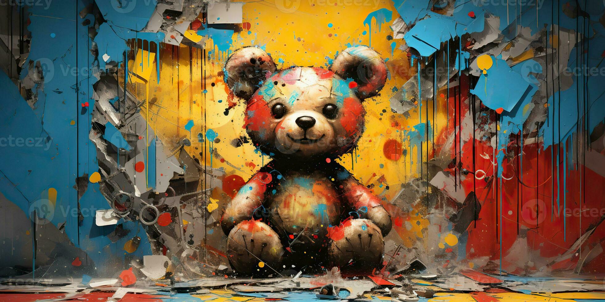 AI Generated. AI Generative. Cute little cartoon bear kid. Drawing painting watercolor oil brush graffiti ink bright colors background. Graphic Art photo