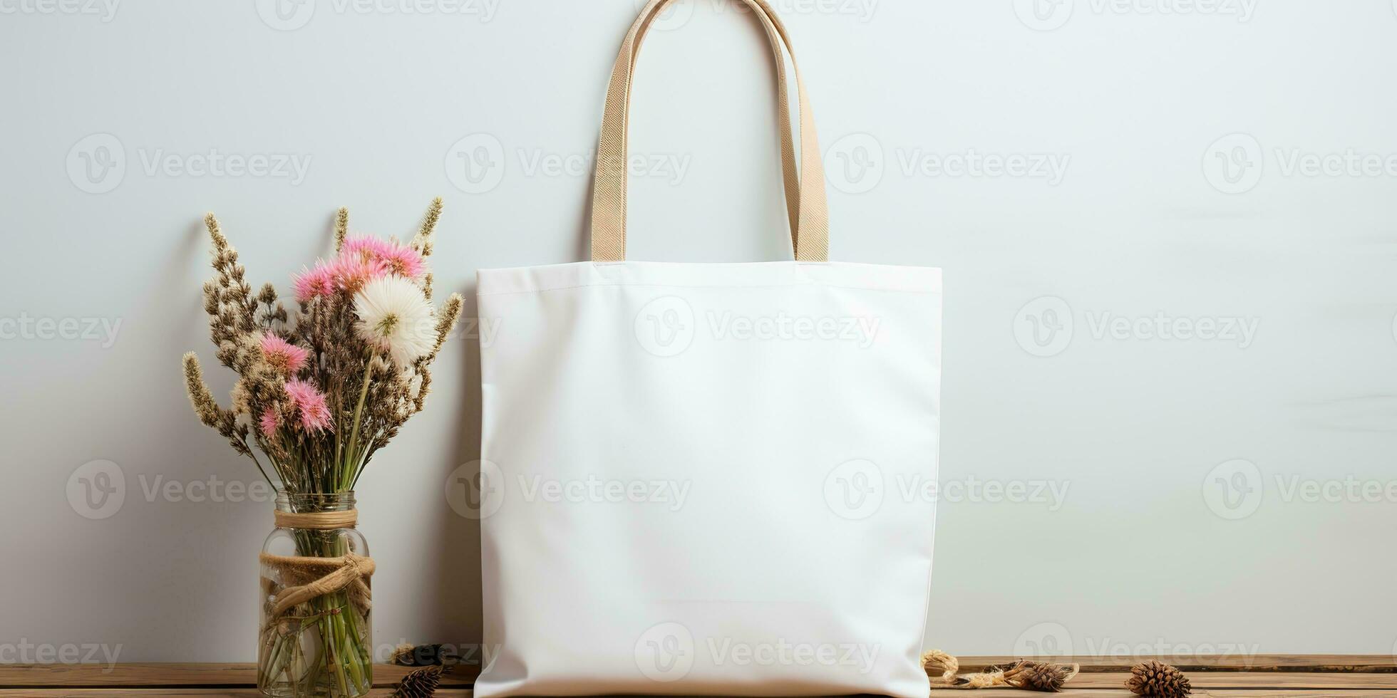 AI Generated. AI Generative. White tote bag mockup with plant background. Eco carry shopping container. Graphic Art photo