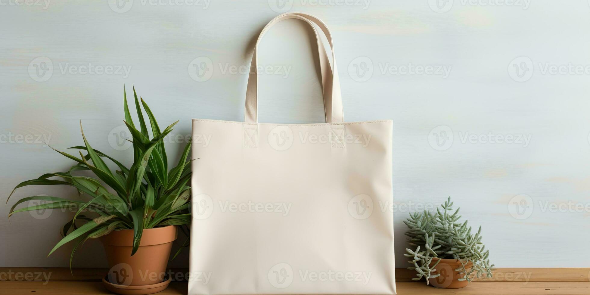 AI Generated. AI Generative. White tote bag mockup with plant background. Eco carry shopping container. Graphic Art photo