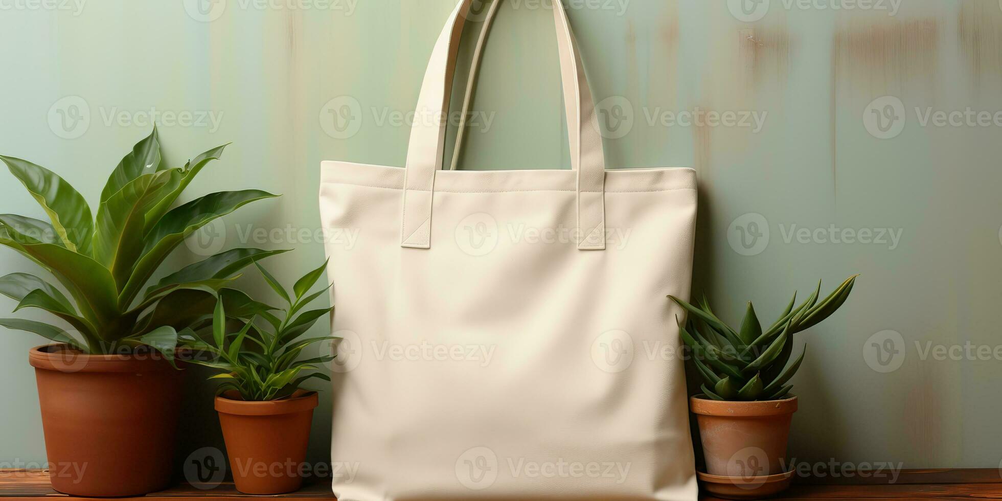 AI Generated. AI Generative. White tote bag mockup with plant background. Eco carry shopping container. Graphic Art photo