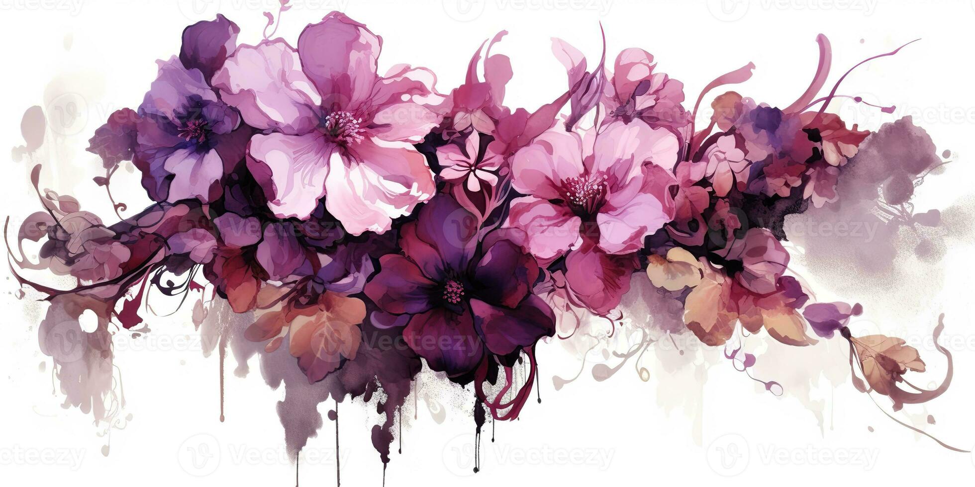 AI Generated. AI Generative. Beautiful decorative blossom bloom botanical floral pink purple flowers watercolor on white background canvas. Graphic Art photo