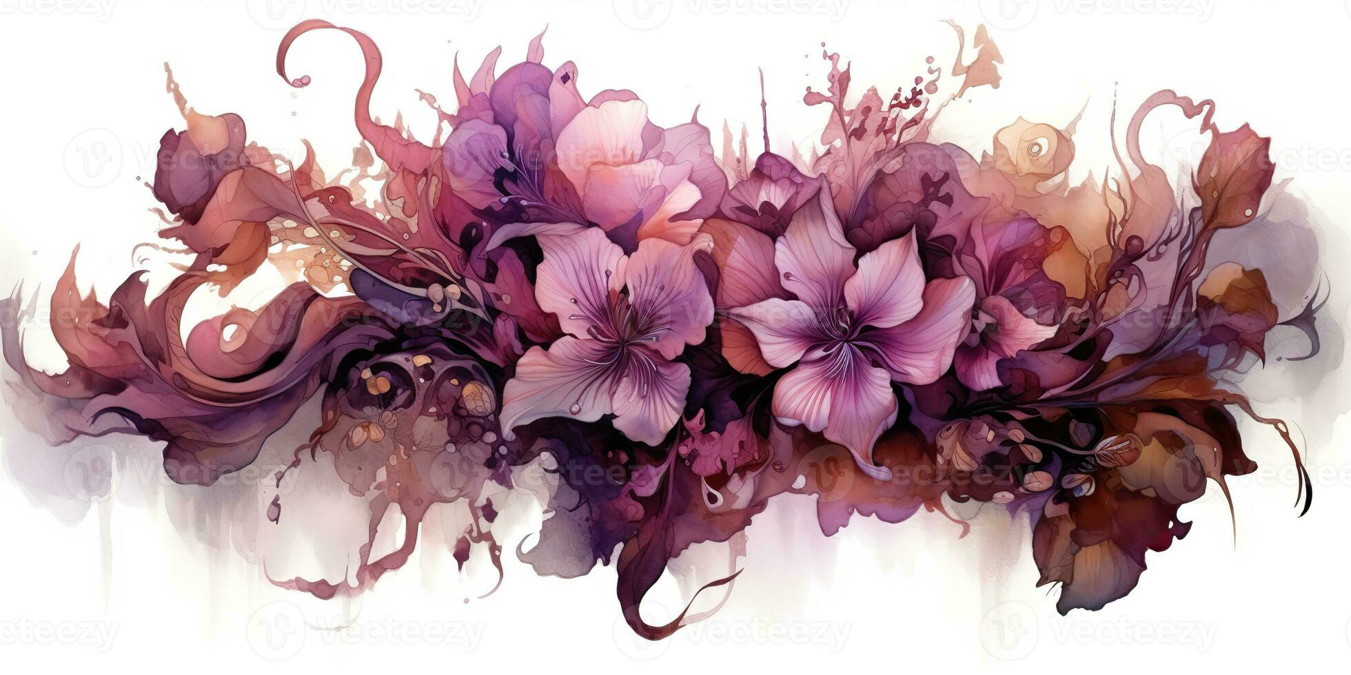 AI Generated. AI Generative. Beautiful decorative blossom bloom botanical floral pink purple flowers watercolor on white background canvas. Graphic Art photo