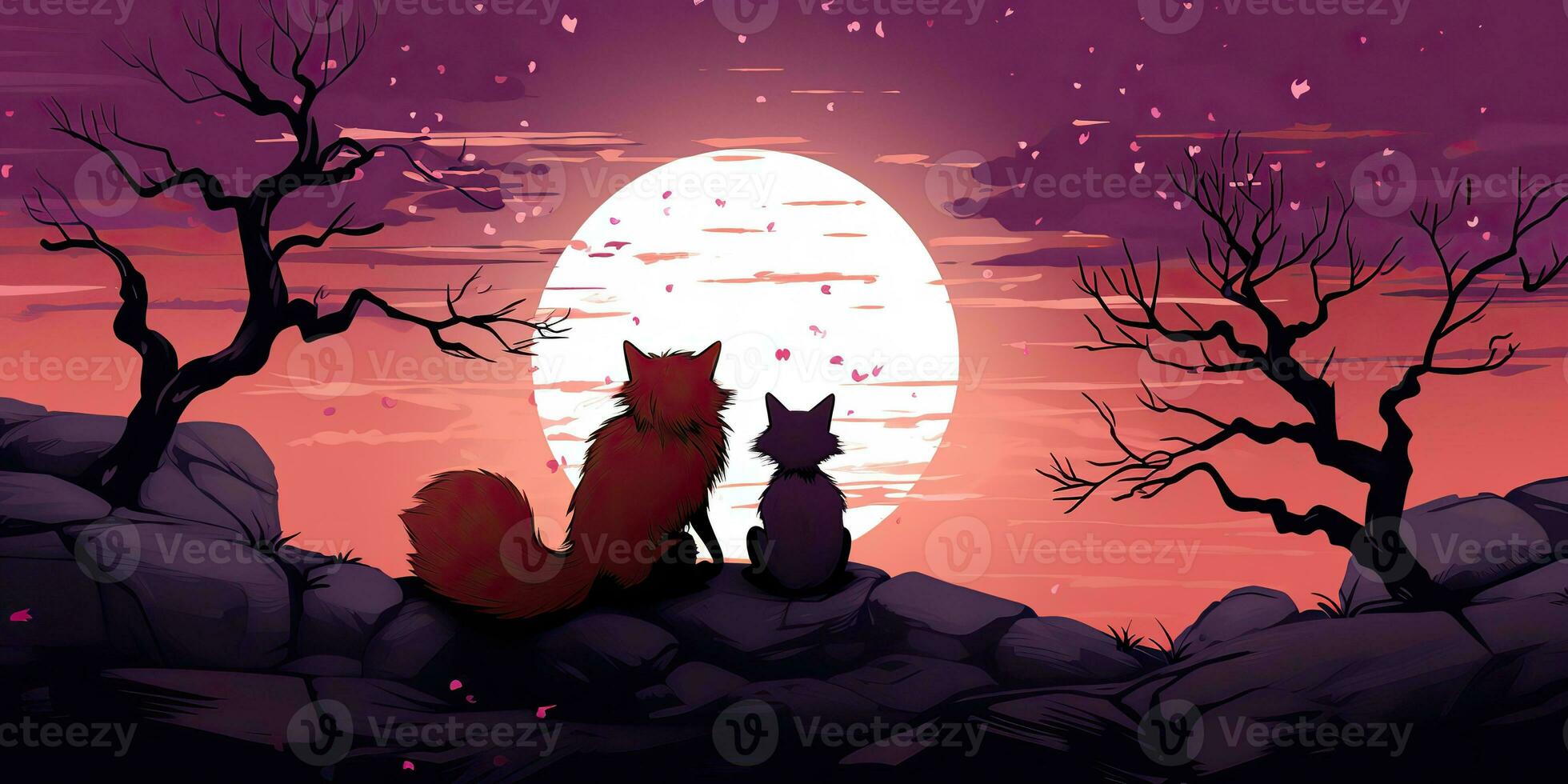 AI Generated. AI Generative. Two lovely romantic cute foxes looking at moon. Nature forest wedding kids time. Graphic Art photo