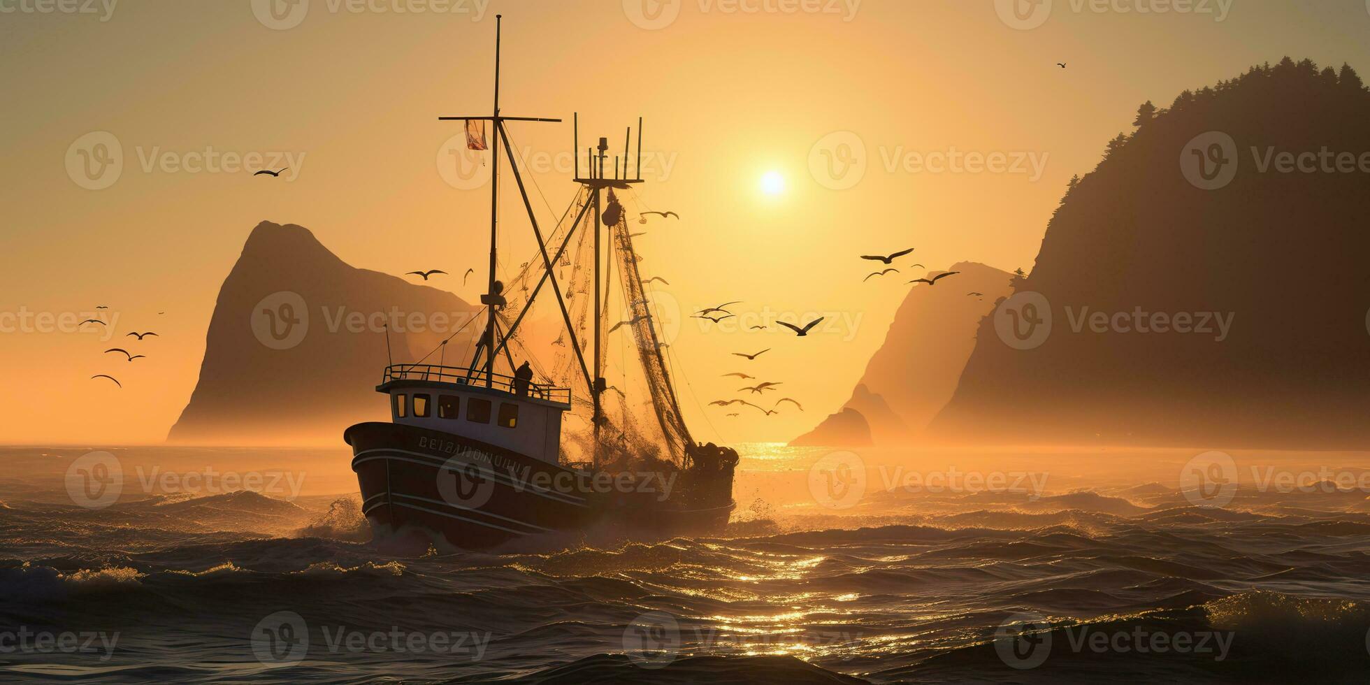 AI Generated. AI Generative. Nautical marine navy seascape sea ocean landscape fishing crab boat ship. Adventure travel explore sail catching shipping. Graphic Art photo