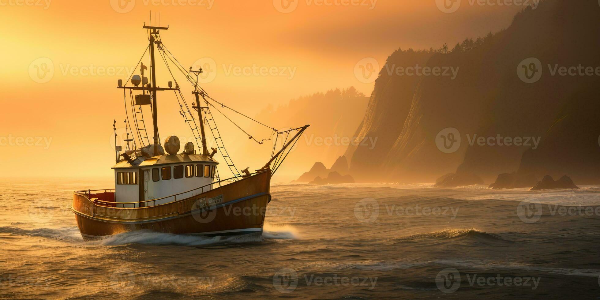 AI Generated. AI Generative. Nautical marine navy seascape sea ocean landscape fishing crab boat ship. Adventure travel explore sail catching shipping. Graphic Art photo