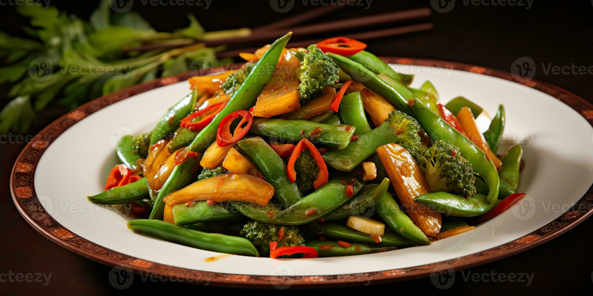 AI Generated. AI Generative. Stir fried fresh vegetables. Healthy diet meal food on plate. Dinner time. Graphic Art photo