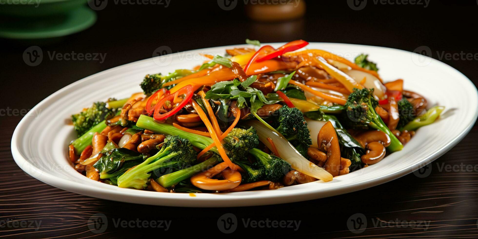 AI Generated. AI Generative. Stir fried fresh vegetables. Healthy diet meal food on plate. Dinner time. Graphic Art photo