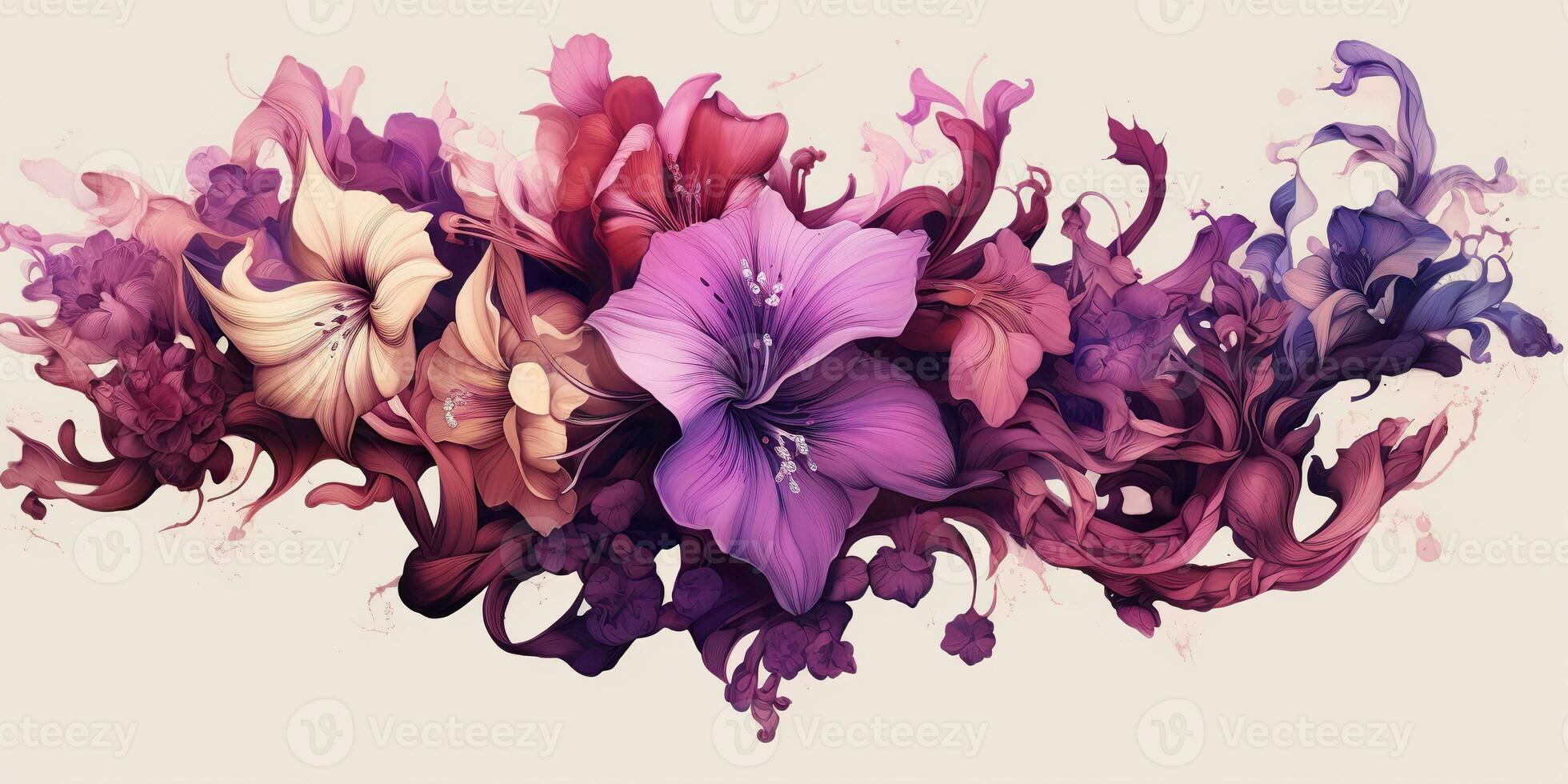 AI Generated. AI Generative. Beautiful decorative blossom bloom botanical floral pink purple flowers watercolor on white background canvas. Graphic Art photo