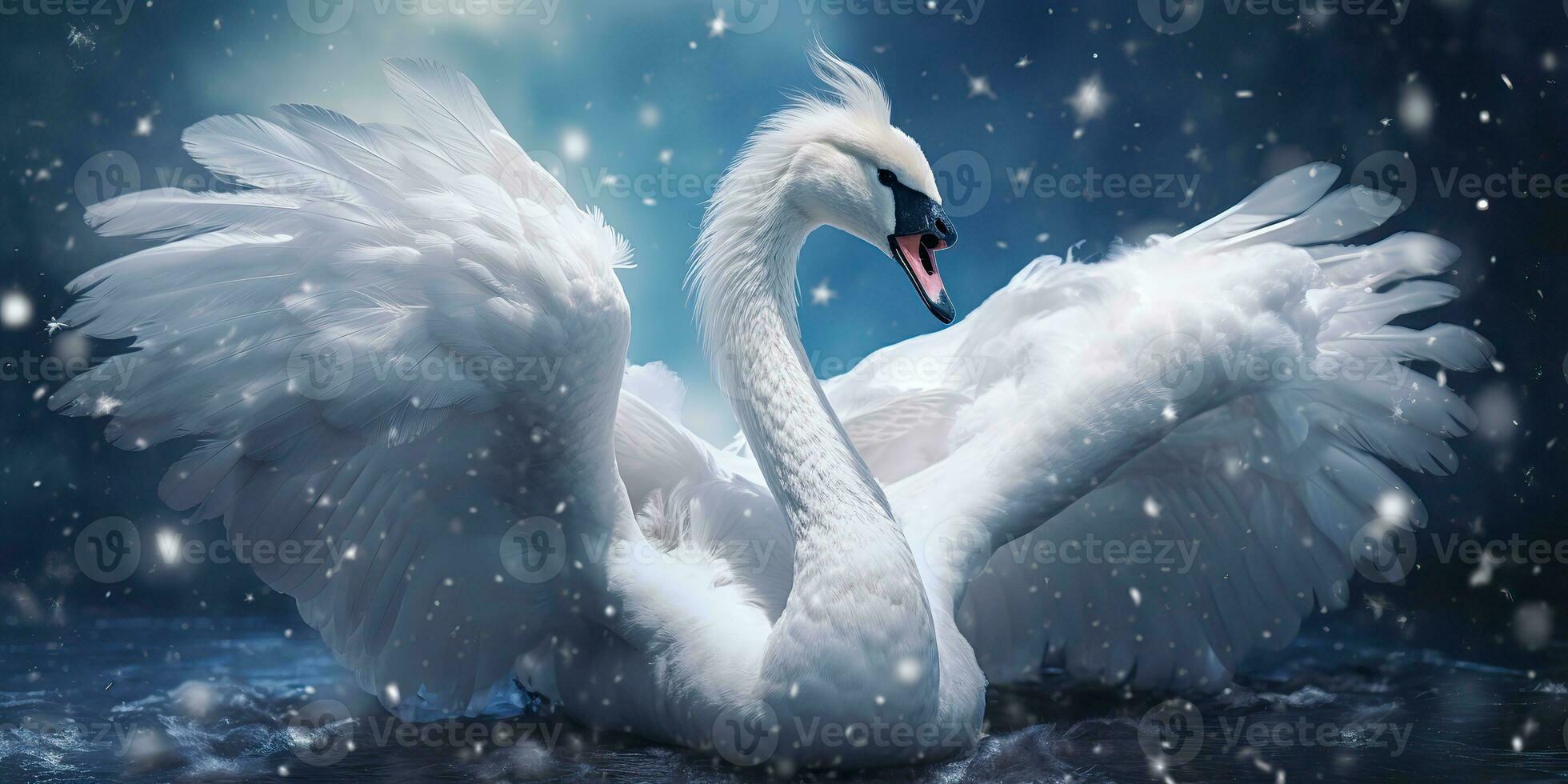 AI Generated. AI Generative. Winter snow ice cold swan bird. Elegance beautiful nature outdoor wild bird art. Graphic Art photo