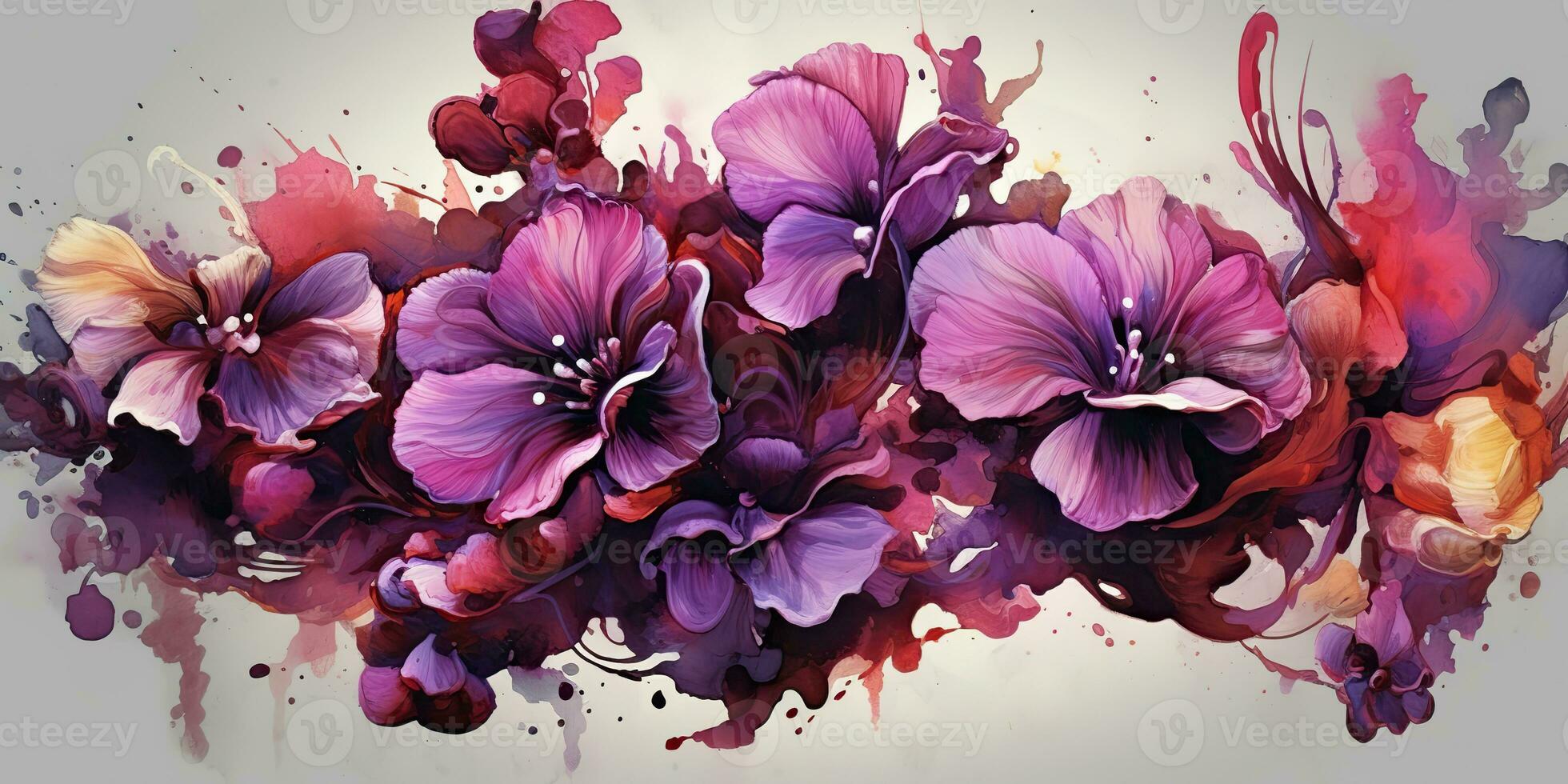 AI Generated. AI Generative. Beautiful decorative blossom bloom botanical floral pink purple flowers watercolor on white background canvas. Graphic Art photo