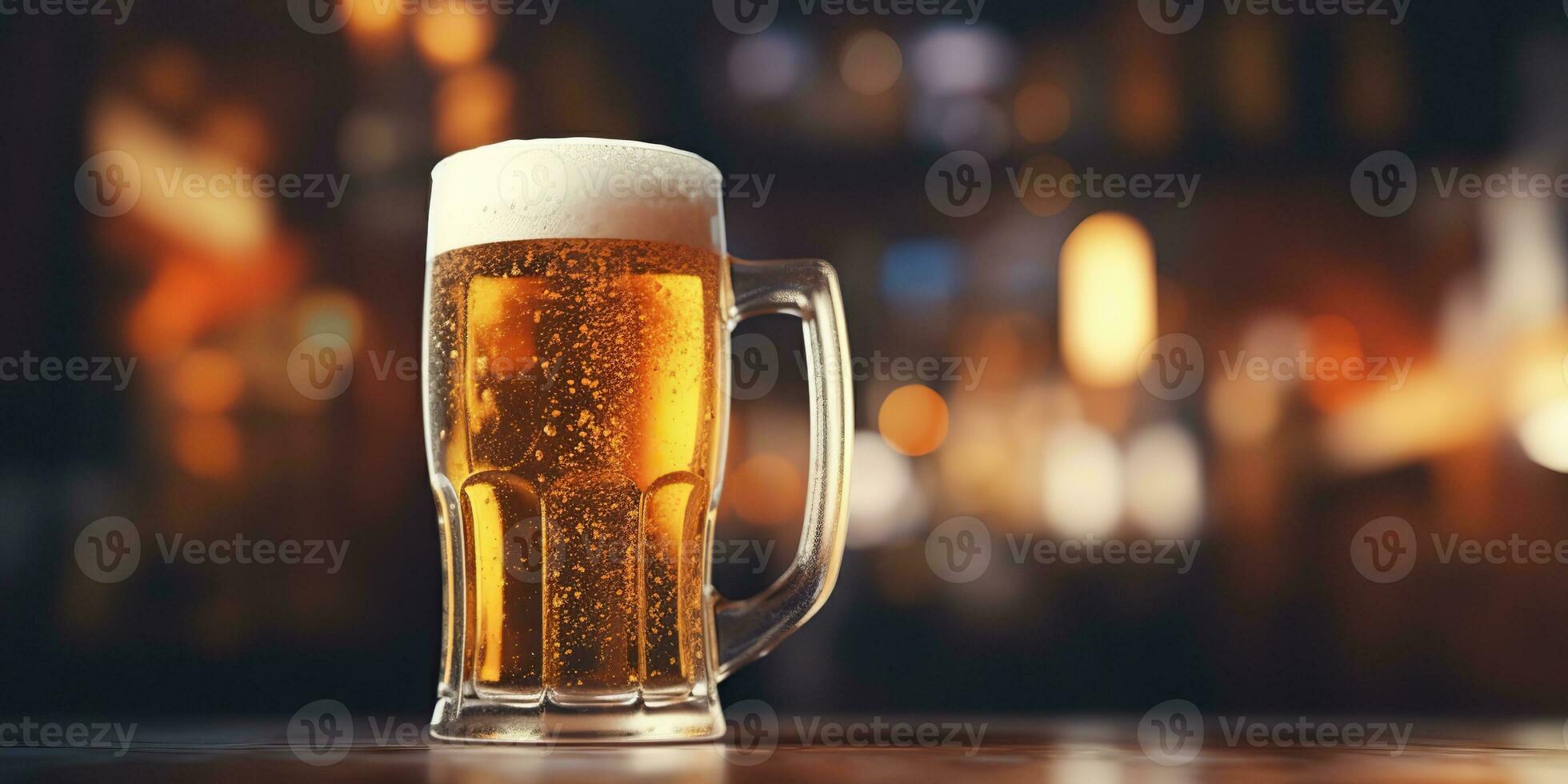 AI Generated. AI Generative. Beer glass mug with light beer at pub bar tavern background on wooden table night life party. Graphic Art photo