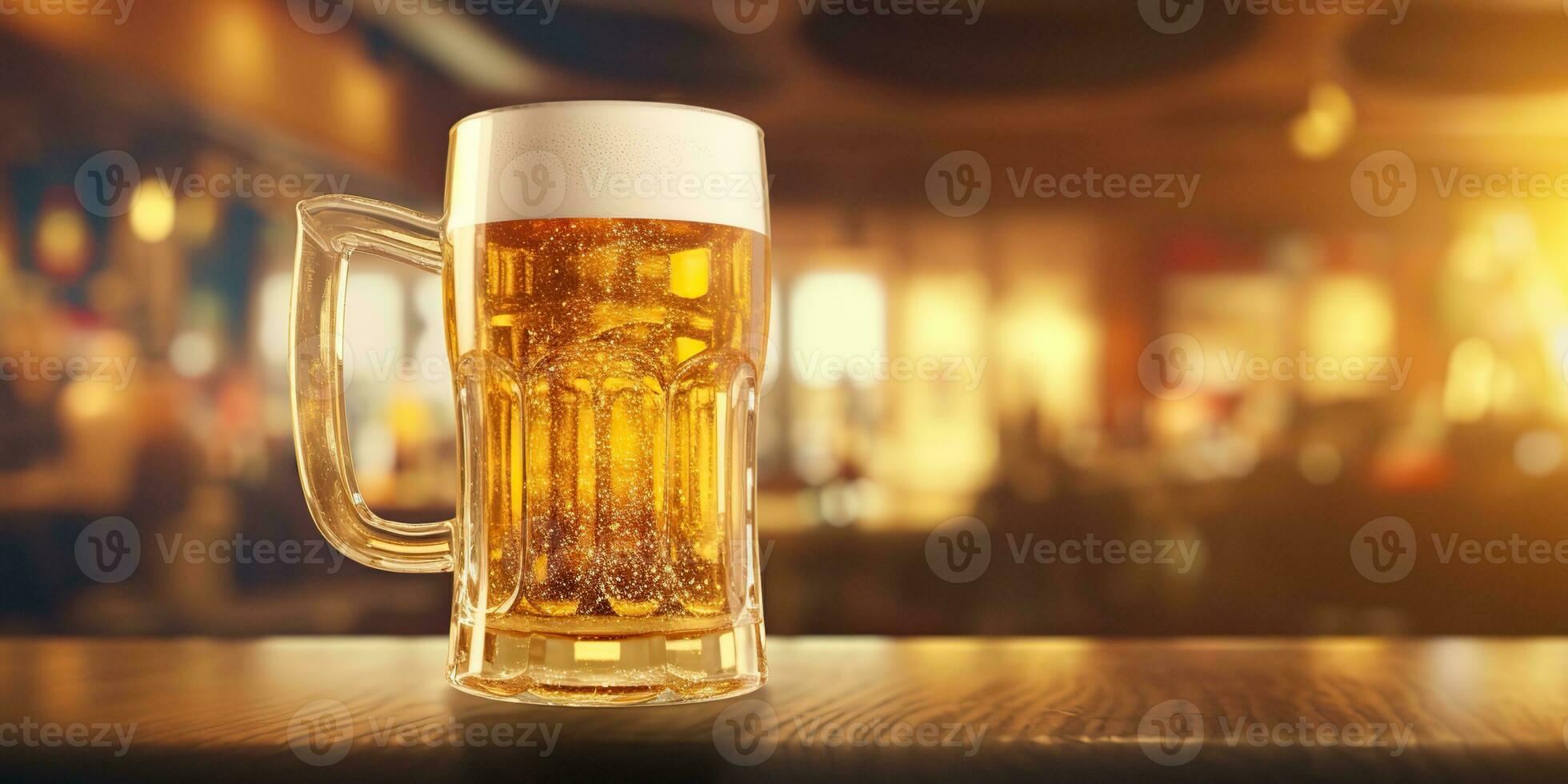 AI Generated. AI Generative. Beer glass mug with light beer at pub bar tavern background on wooden table night life party. Graphic Art photo