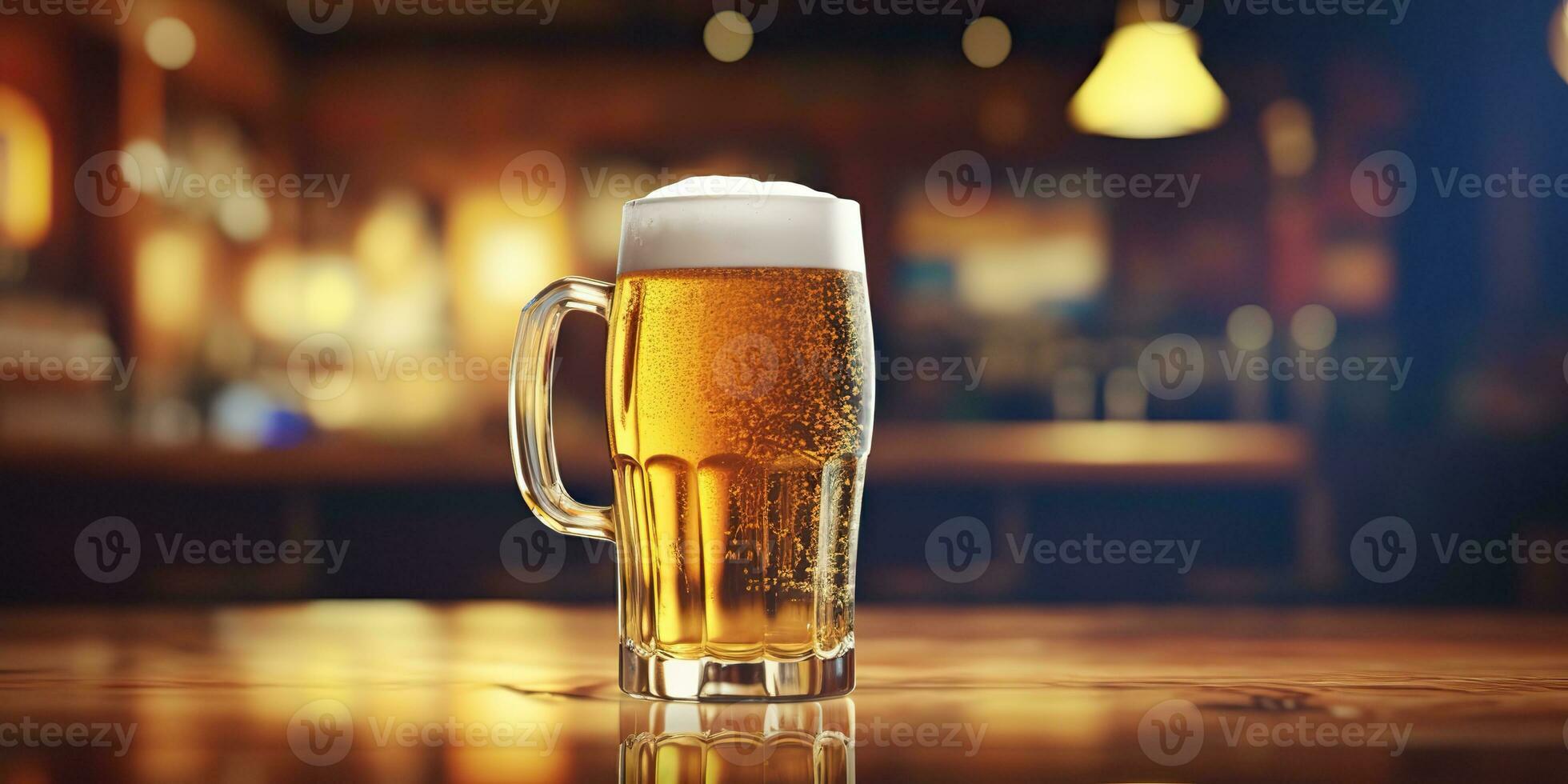 AI Generated. AI Generative. Beer glass mug with light beer at pub bar tavern background on wooden table night life party. Graphic Art photo