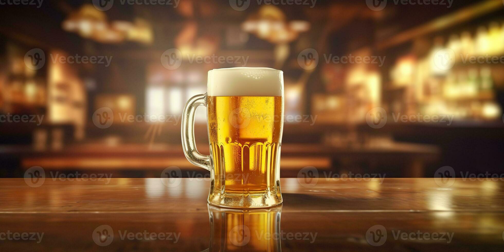 AI Generated. AI Generative. Beer glass mug with light beer at pub bar tavern background on wooden table night life party. Graphic Art photo