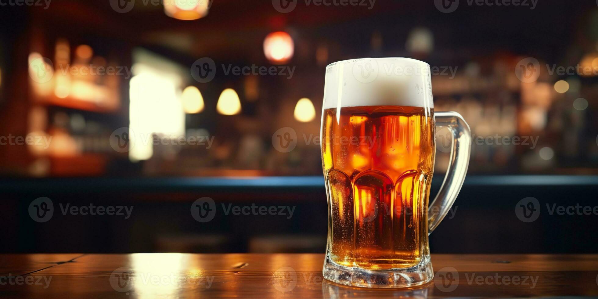 AI Generated. AI Generative. Beer glass mug with light beer at pub bar tavern background on wooden table night life party. Graphic Art photo