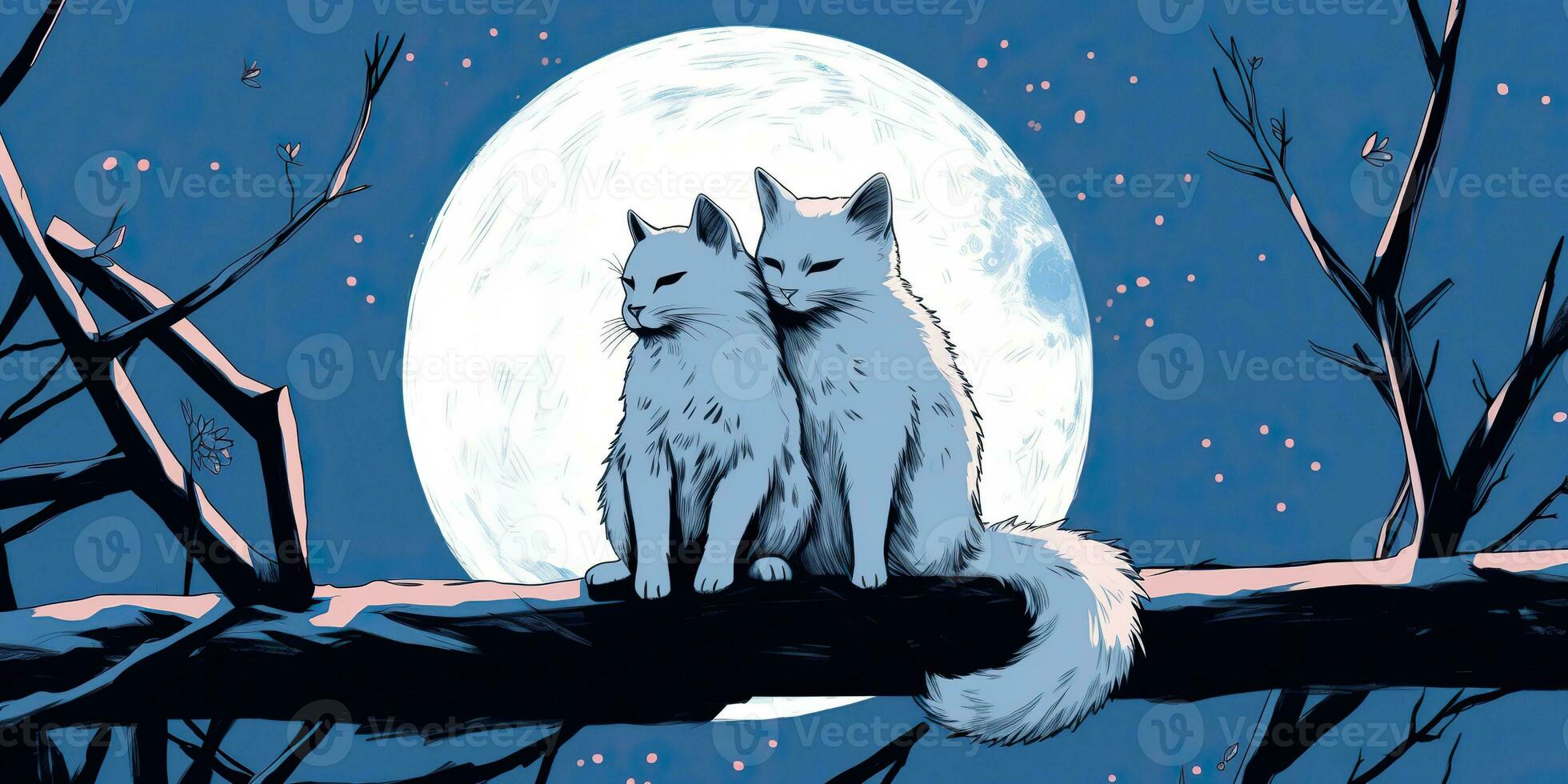 AI Generated. AI Generative. Two cats sitting at night in front of the moon together. Love romantic valentine post card vibe. Graphic Art photo