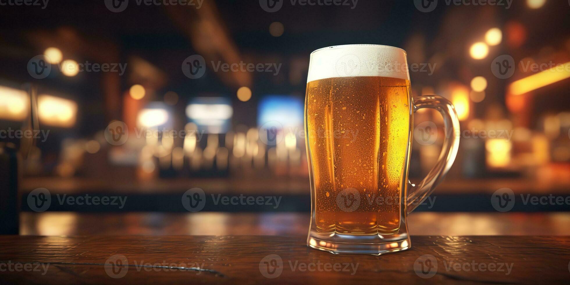 AI Generated. AI Generative. Beer glass mug with light beer at pub bar tavern background on wooden table night life party. Graphic Art photo