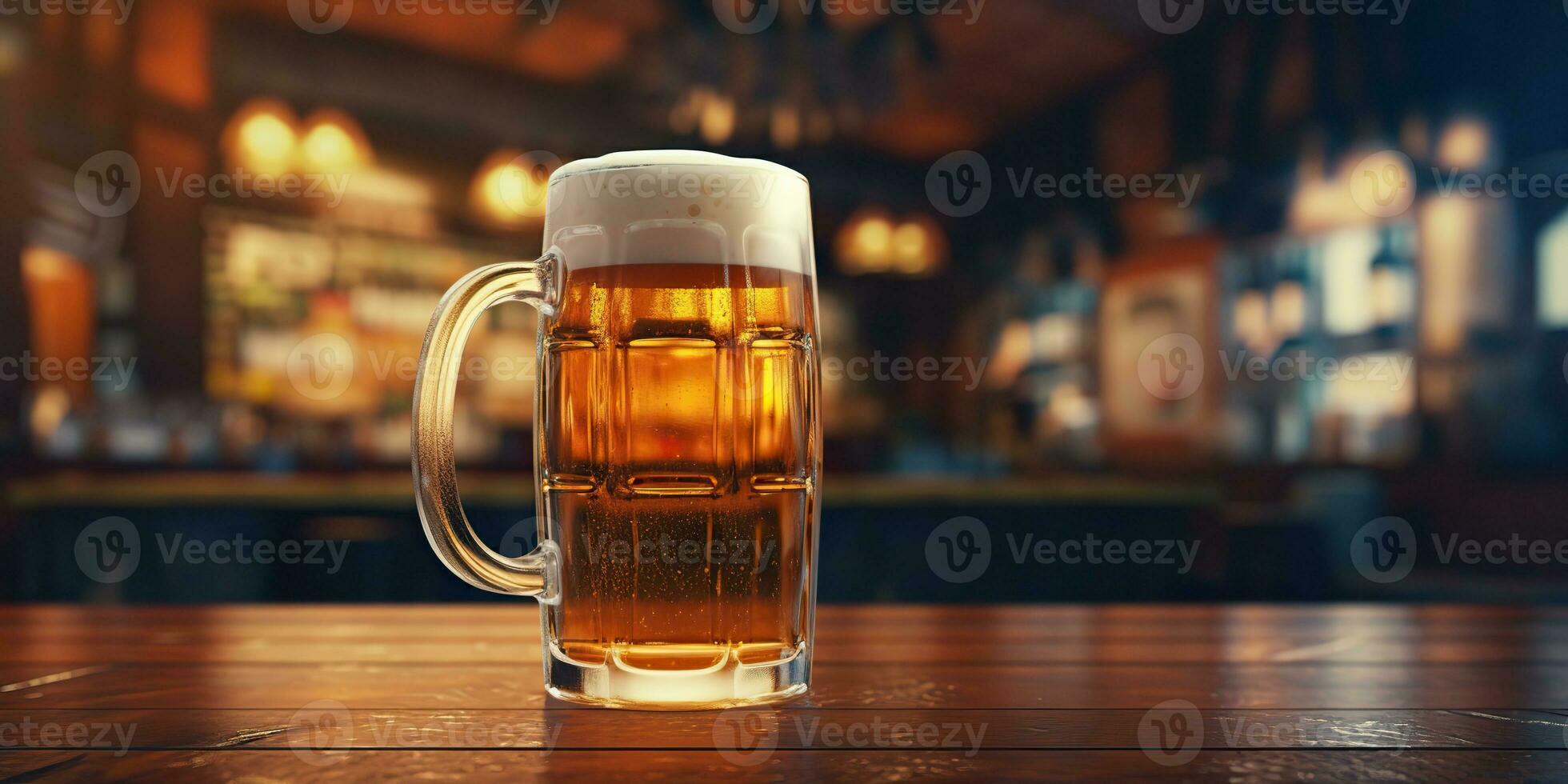 AI Generated. AI Generative. Beer glass mug with light beer at pub bar tavern background on wooden table night life party. Graphic Art photo