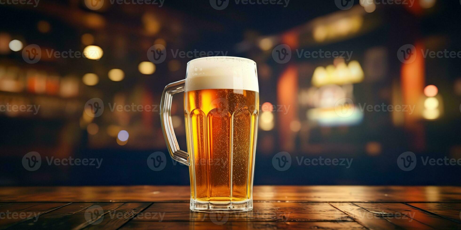 AI Generated. AI Generative. Beer glass mug with light beer at pub bar tavern background on wooden table night life party. Graphic Art photo