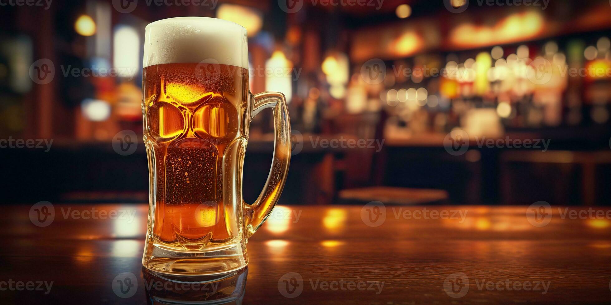 AI Generated. AI Generative. Beer glass mug with light beer at pub bar tavern background on wooden table night life party. Graphic Art photo