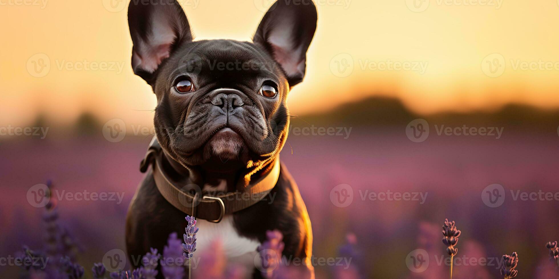 AI Generated. AI Generative. Frenchie french bulldog dog cute face portrait at lavender field countryside outdoor nature. Graphic Art photo