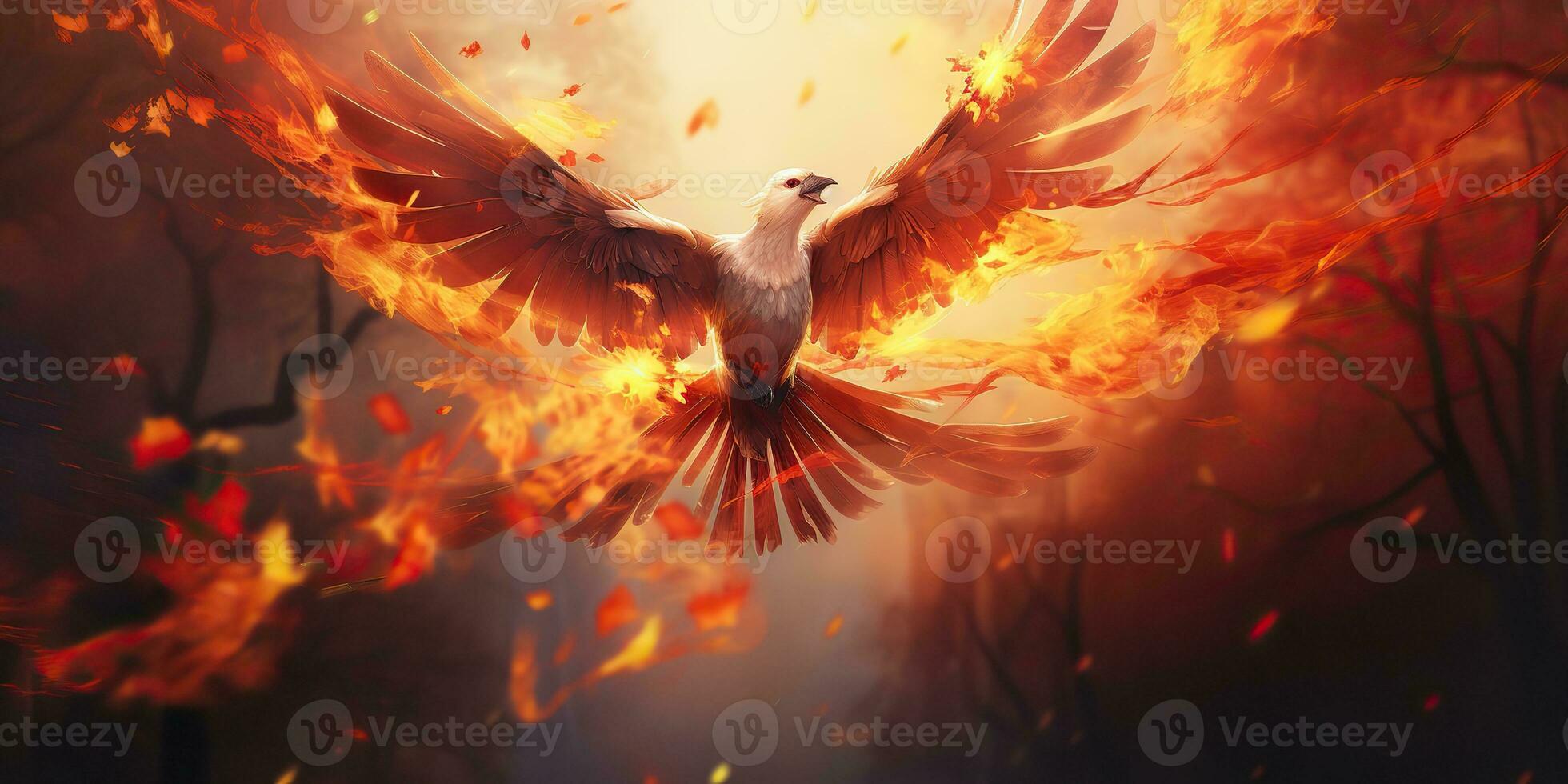 AI Generated. AI Generative. Phoenix bird on black background. Mythology symbol decoration creature of rebirth fire flame concept. Graphic Art photo