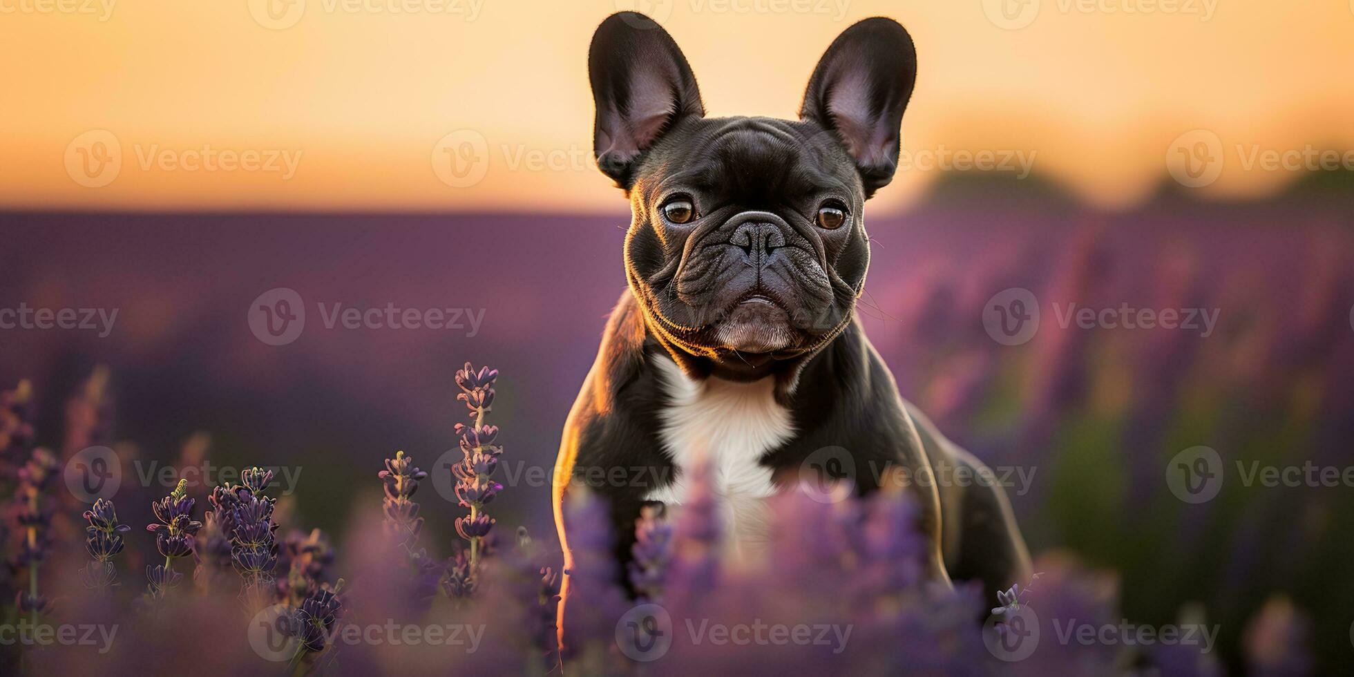 ai generado. ai generativo. frenchie francés buldog perro linda cara retrato a lavanda campo campo al aire libre naturaleza. gráfico Arte foto