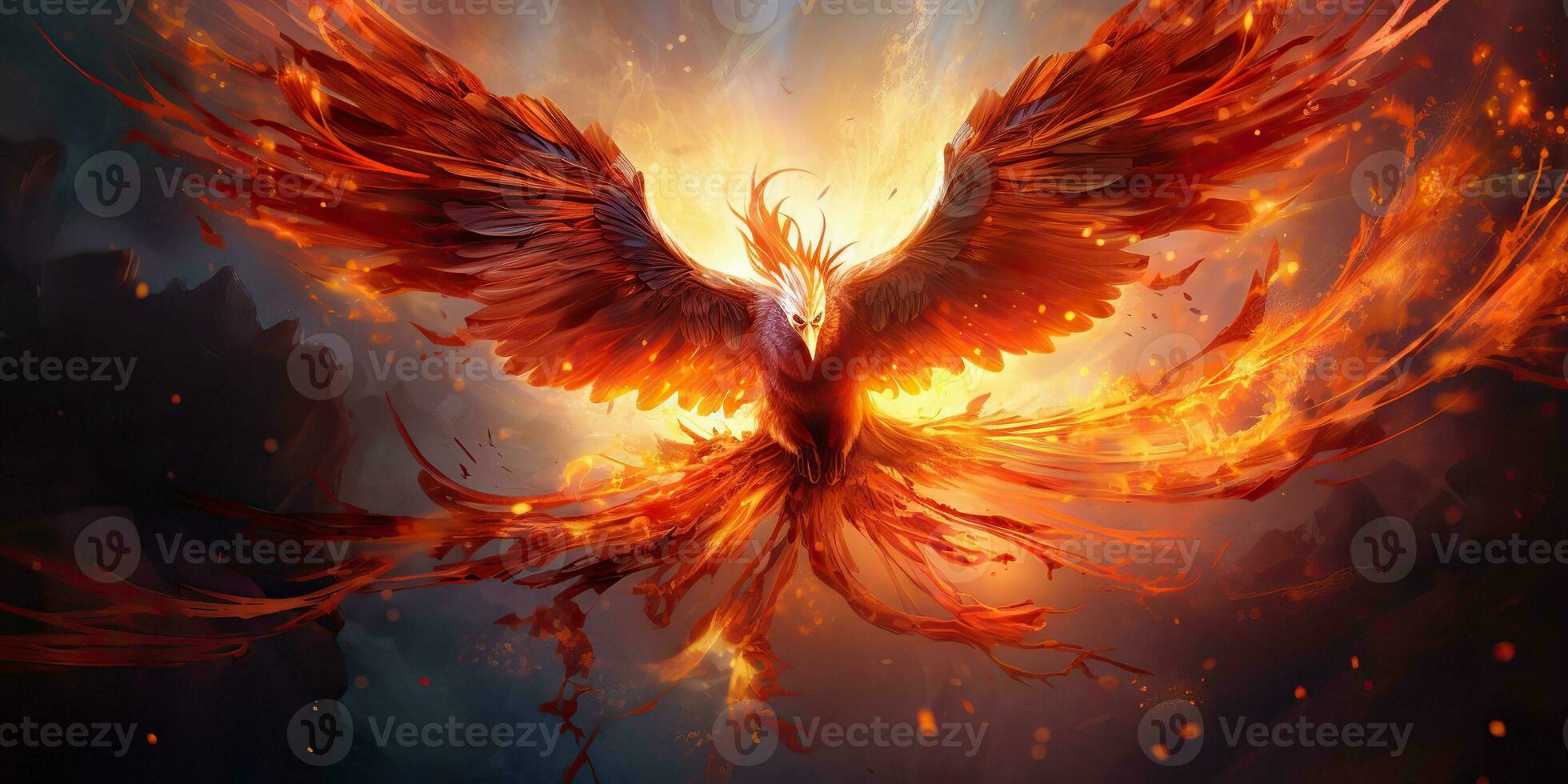 AI Generated. AI Generative. Phoenix bird on black background. Mythology symbol decoration creature of rebirth fire flame concept. Graphic Art photo