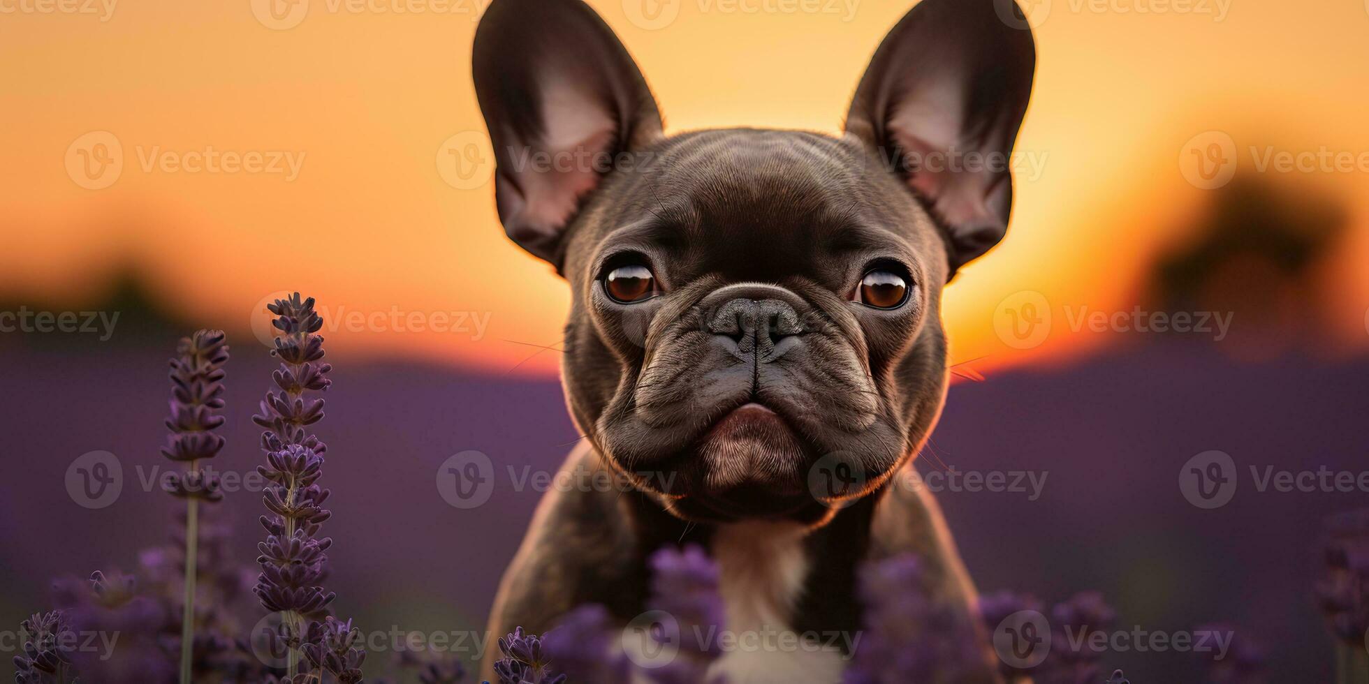 AI Generated. AI Generative. Frenchie french bulldog dog cute face portrait at lavender field countryside outdoor nature. Graphic Art photo