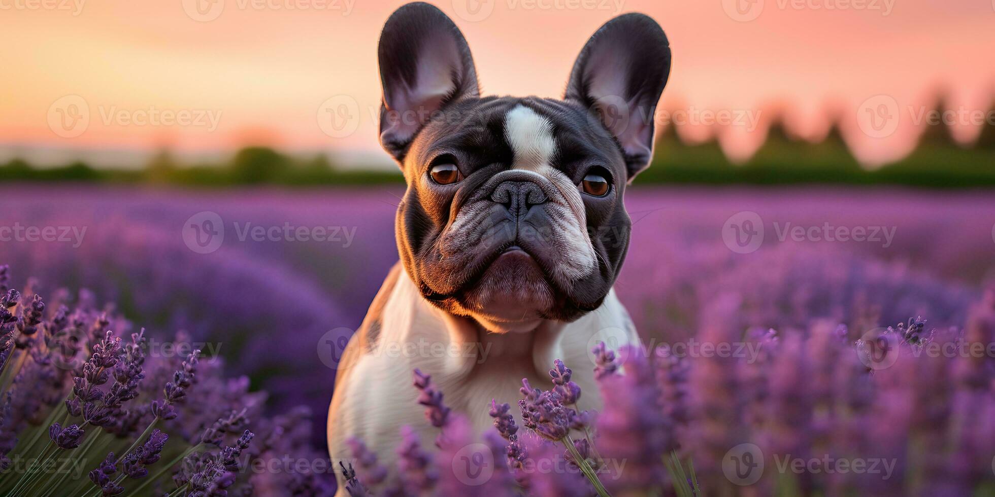 ai generado. ai generativo. frenchie francés buldog perro linda cara retrato a lavanda campo campo al aire libre naturaleza. gráfico Arte foto