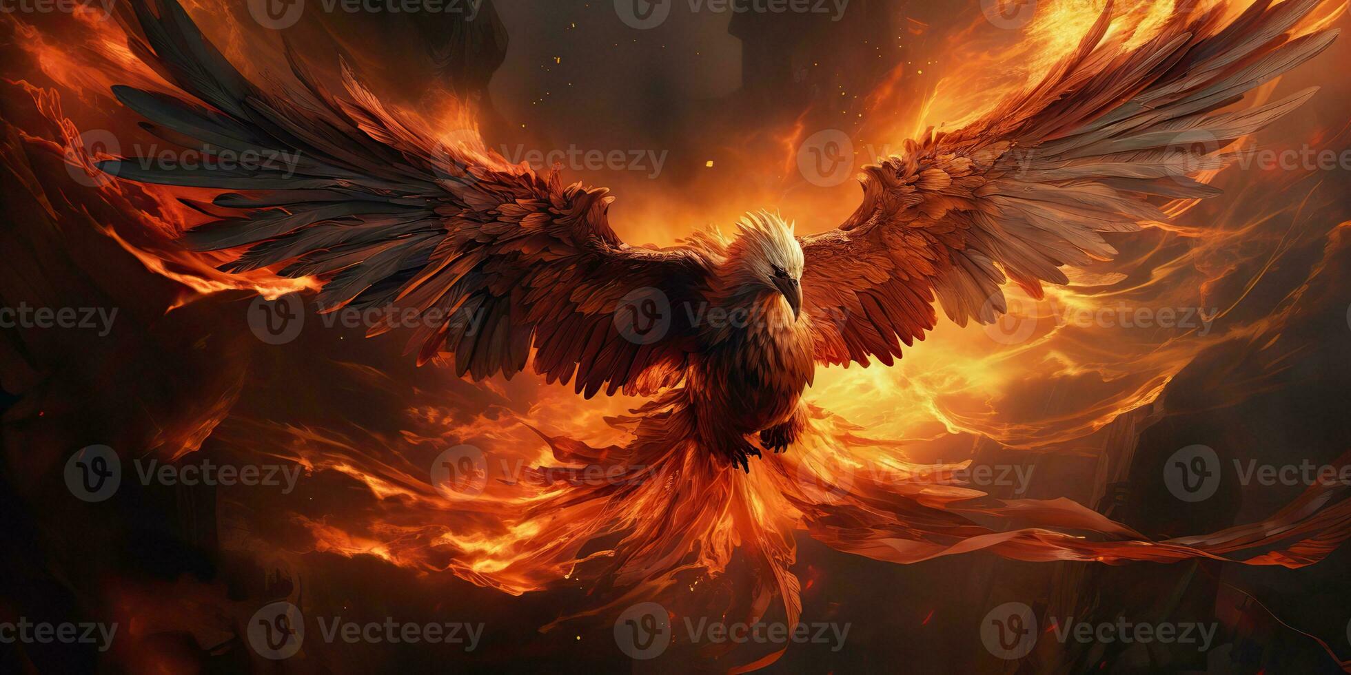 AI Generated. AI Generative. Phoenix bird on black background. Mythology symbol decoration creature of rebirth fire flame concept. Graphic Art photo