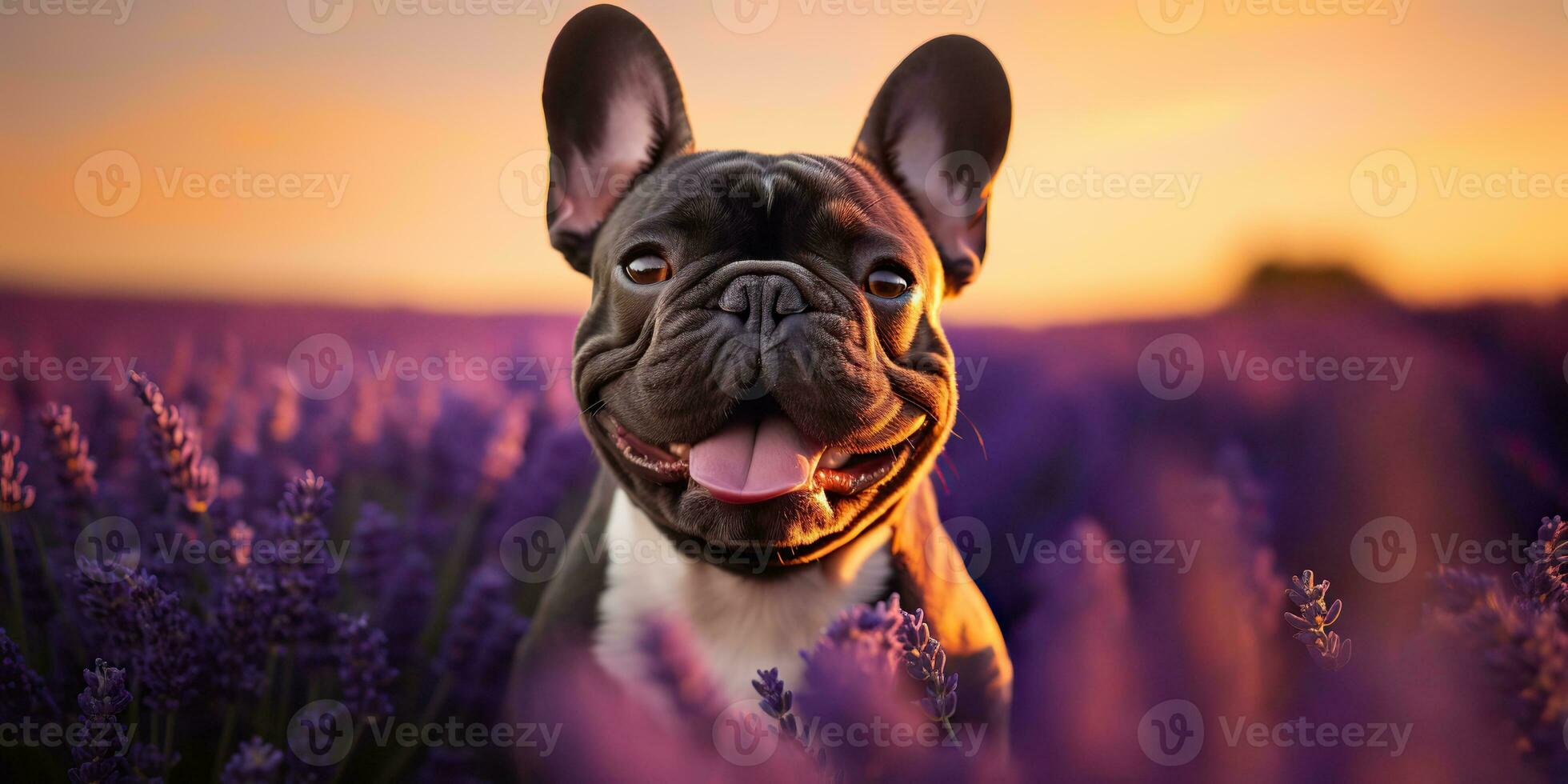 ai generado. ai generativo. frenchie francés buldog perro linda cara retrato a lavanda campo campo al aire libre naturaleza. gráfico Arte foto