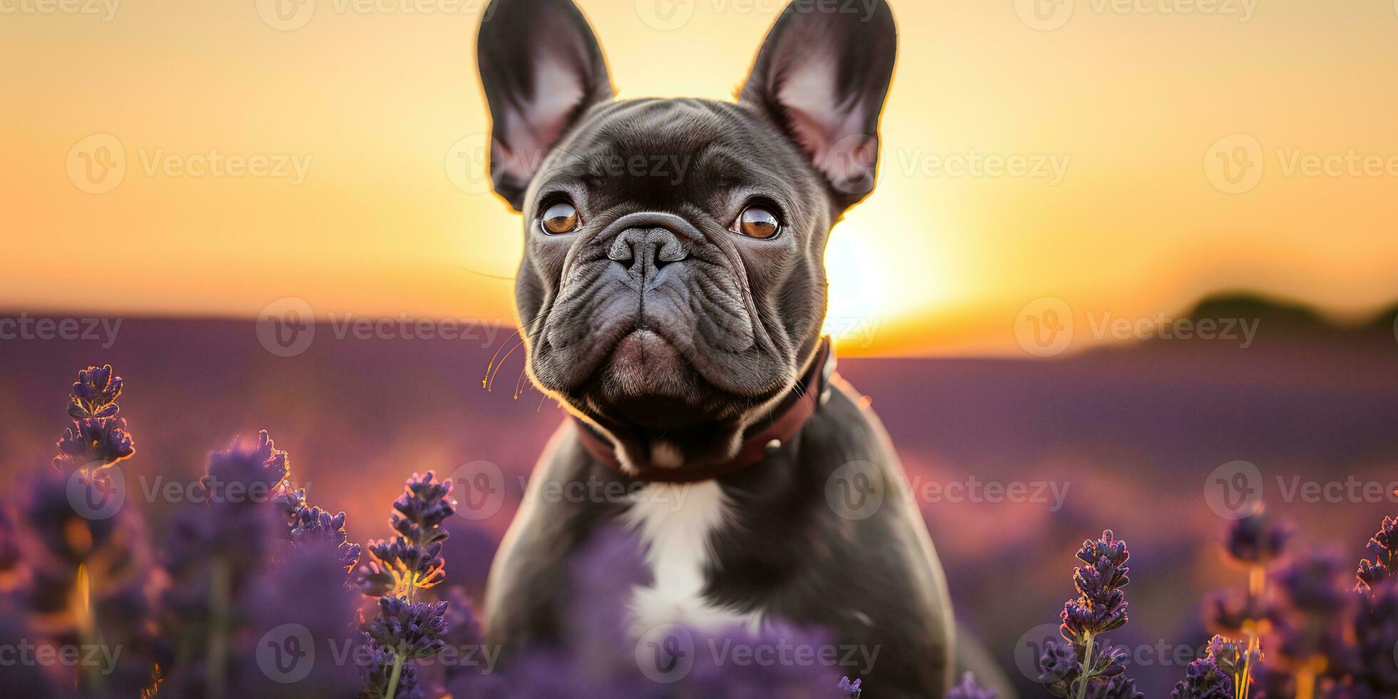 AI Generated. AI Generative. Frenchie french bulldog dog cute face portrait at lavender field countryside outdoor nature. Graphic Art photo