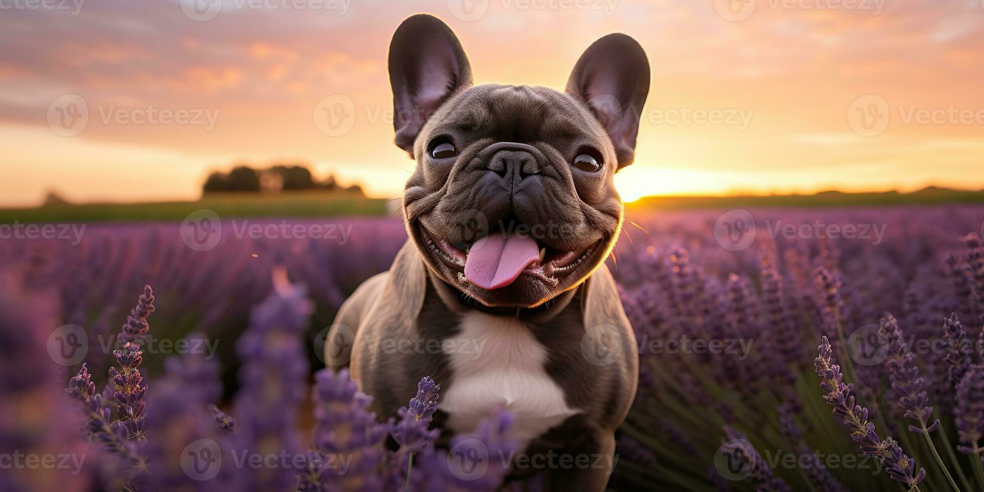 ai generado. ai generativo. frenchie francés buldog perro linda cara retrato a lavanda campo campo al aire libre naturaleza. gráfico Arte foto