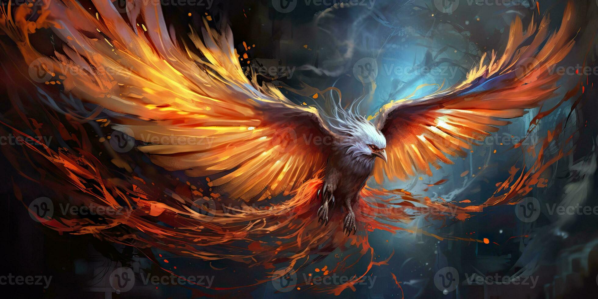 AI Generated. AI Generative. Phoenix bird on black background. Mythology symbol decoration creature of rebirth fire flame concept. Graphic Art photo