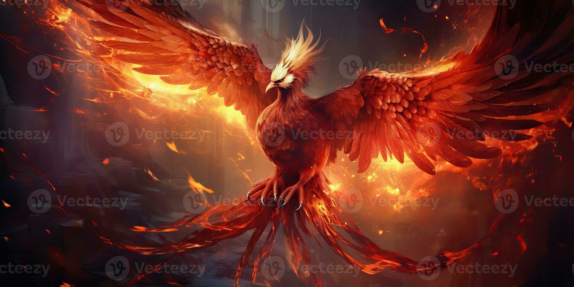 AI Generated. AI Generative. Phoenix bird on black background. Mythology symbol decoration creature of rebirth fire flame concept. Graphic Art photo