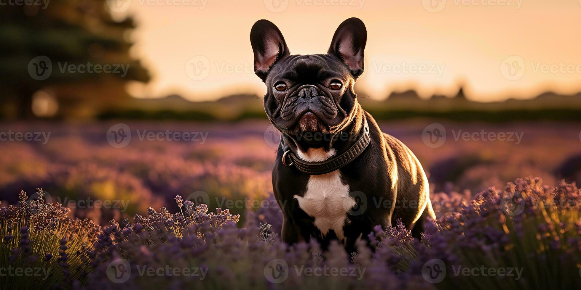 AI Generated. AI Generative. Frenchie french bulldog dog cute face portrait at lavender field countryside outdoor nature. Graphic Art photo