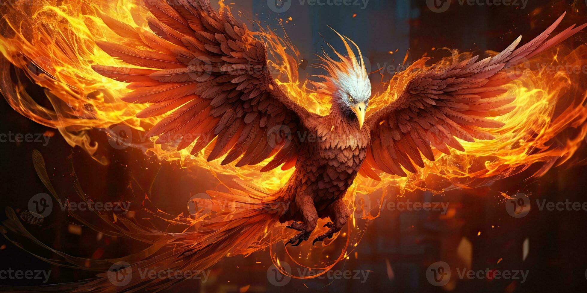 AI Generated. AI Generative. Phoenix bird on black background. Mythology symbol decoration creature of rebirth fire flame concept. Graphic Art photo
