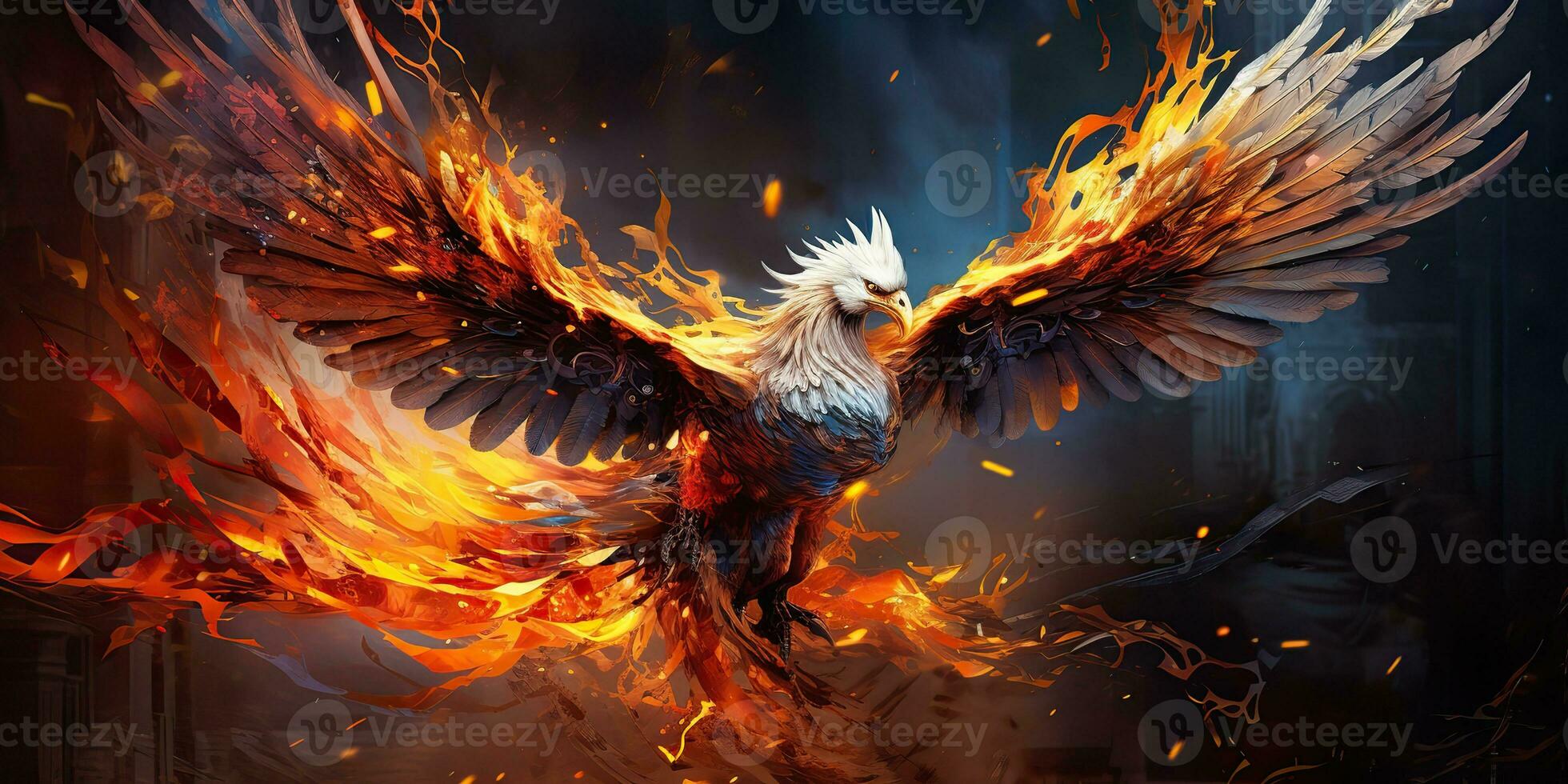 AI Generated. AI Generative. Phoenix bird on black background. Mythology symbol decoration creature of rebirth fire flame concept. Graphic Art photo